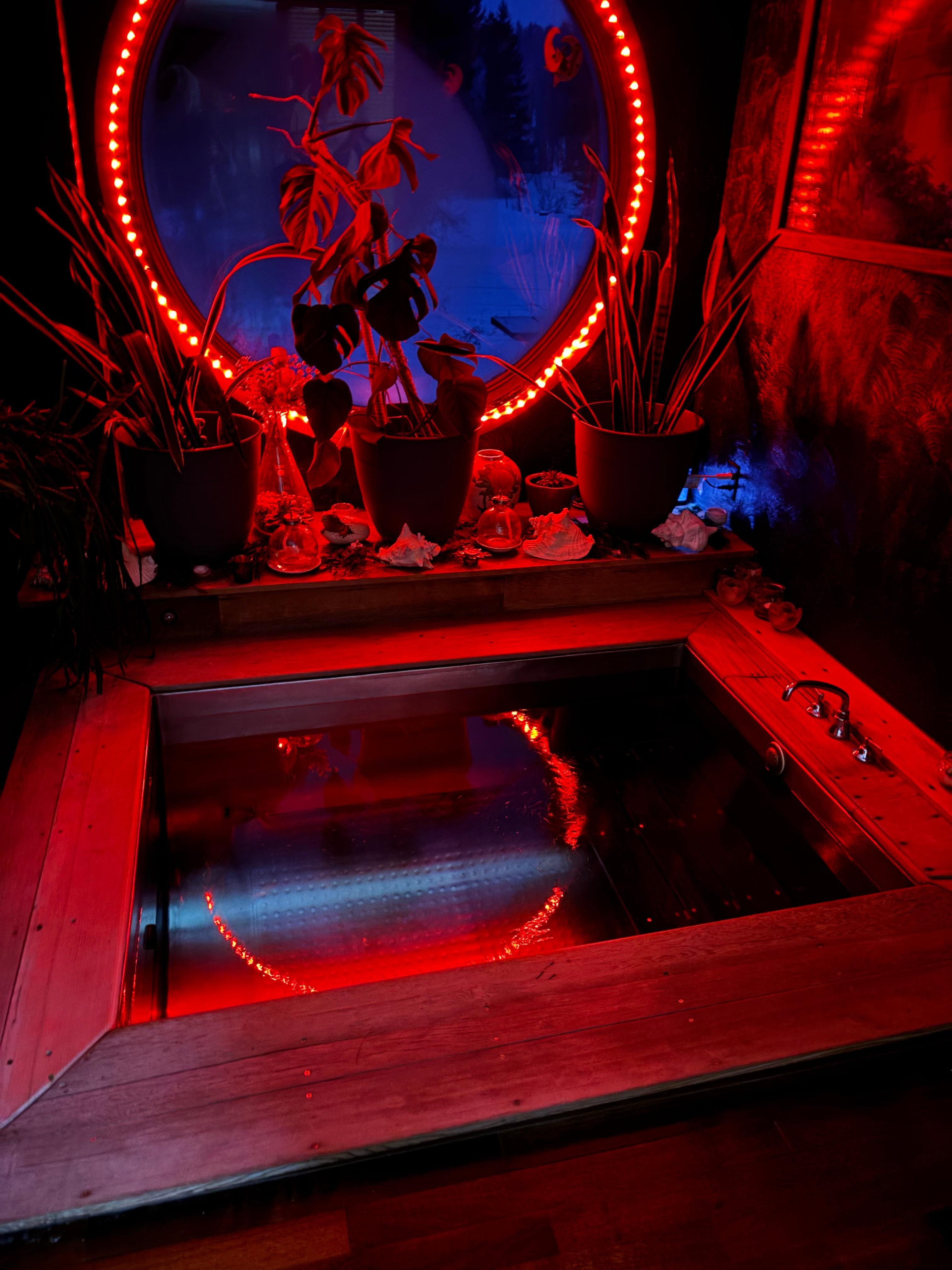 Japanese soaking tub at night