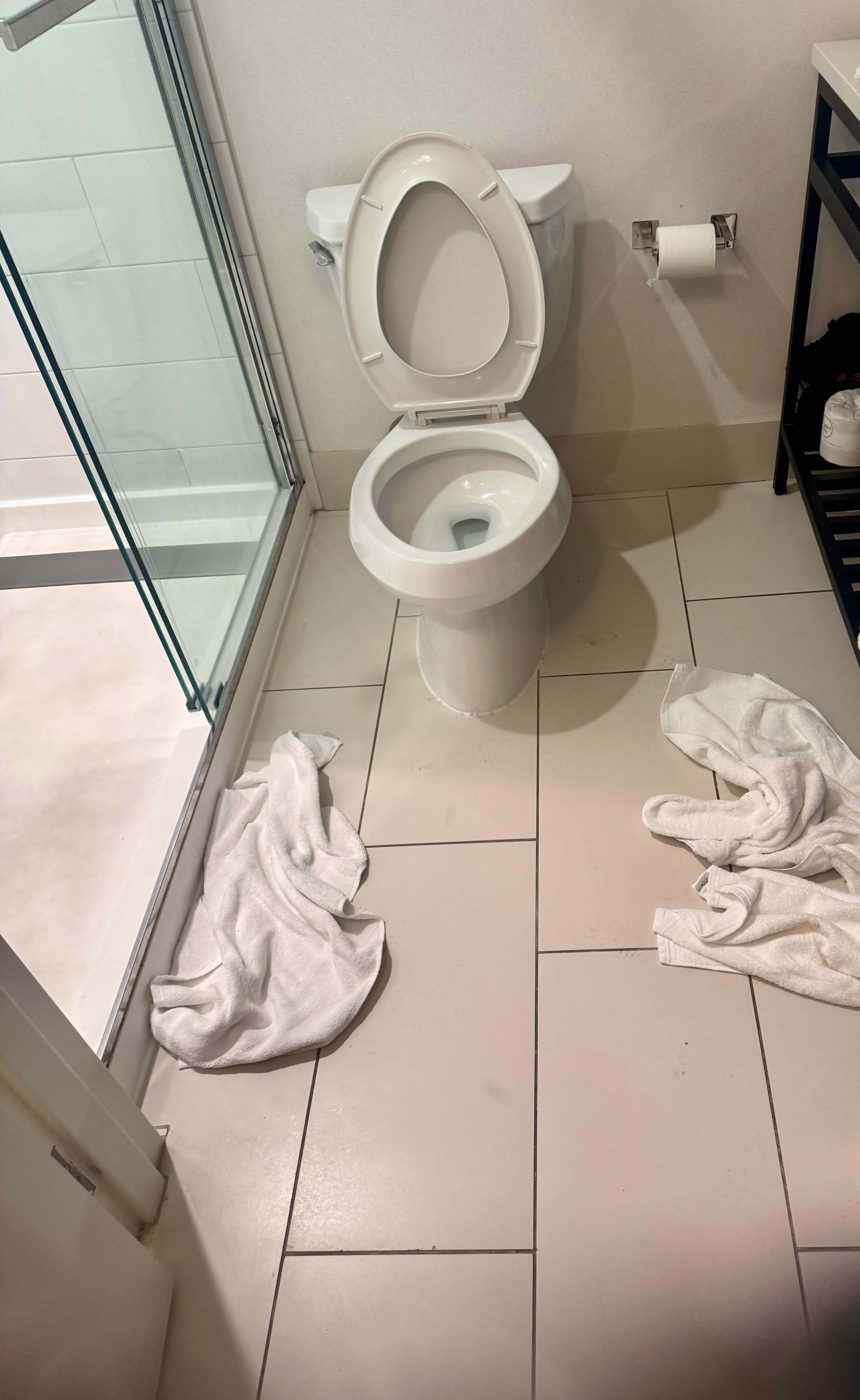 Unmade bathroom, three day stay