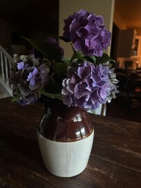 Gorgeous hydrangeas were waiting for us on the kitchen table from the bushes out front!