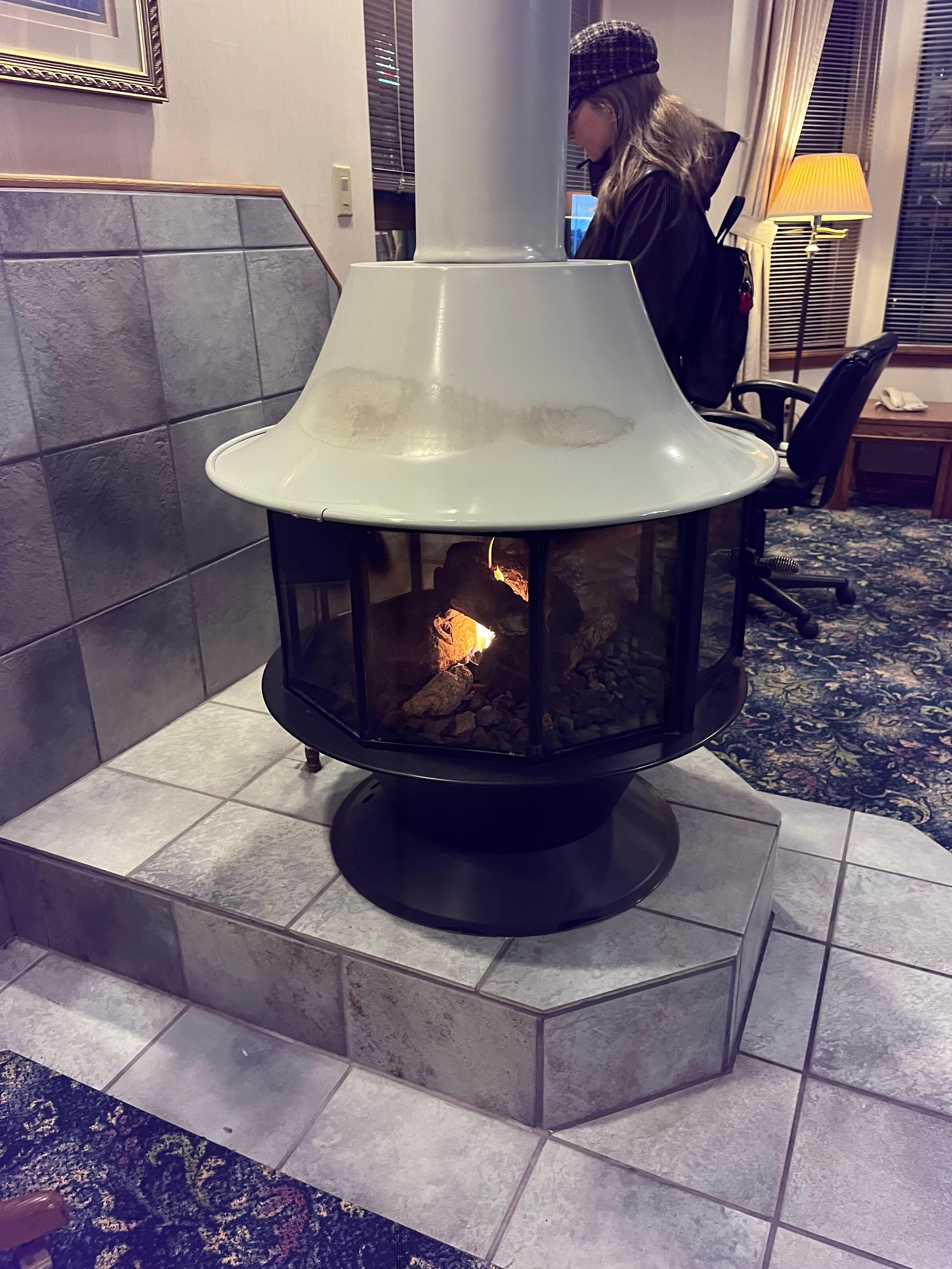 Cozy lobby on a chilly lake night.
