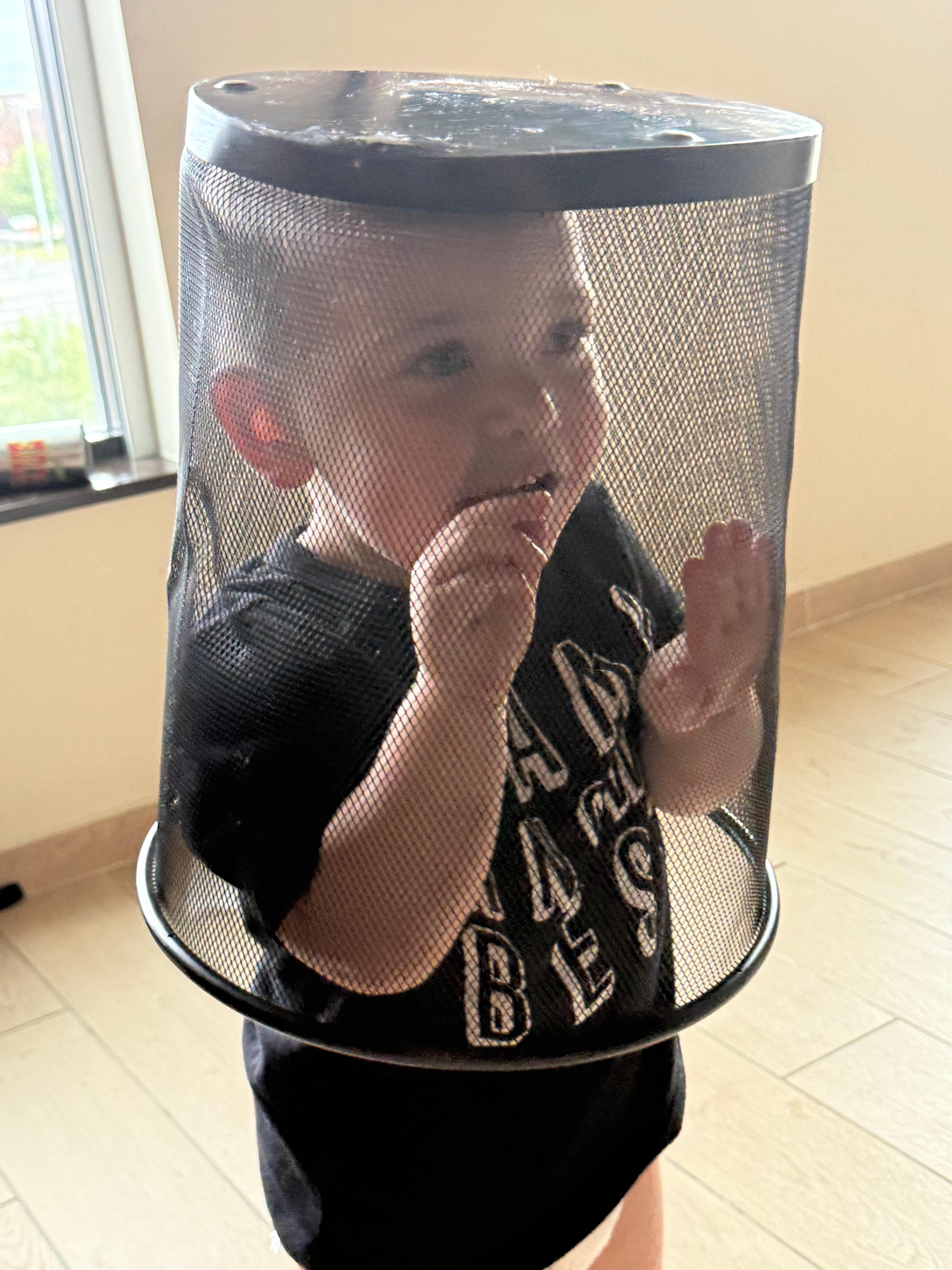 He’s a nut. Trash can hat 🤣