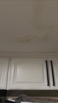 Leak from upstairs shower that ran downstairs above the fridge.