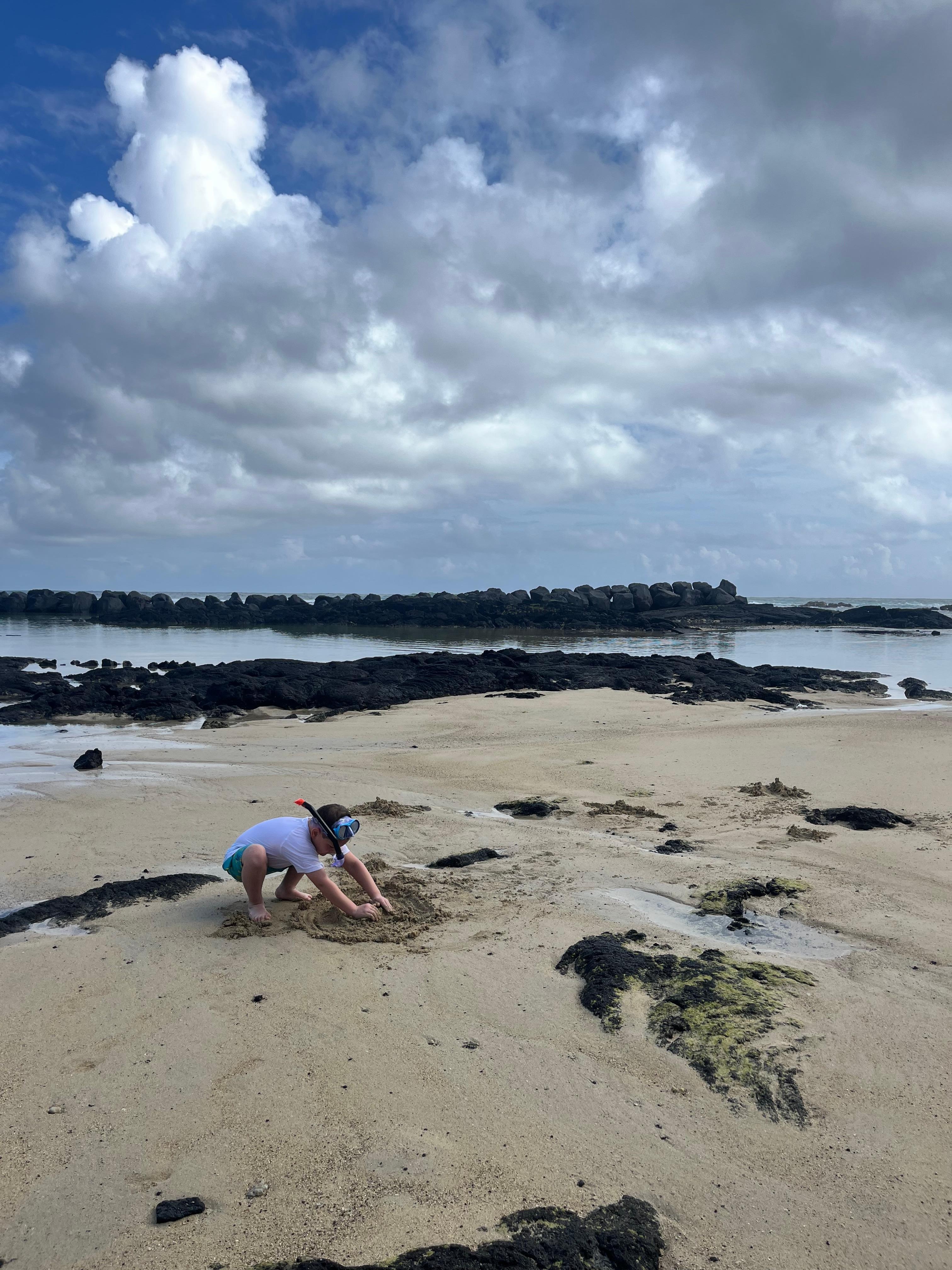 Grandson Snorkeling at Onekahakaha Beach a few minutes down the road from the house. 