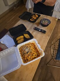 Spaghetti and meatballs and my mom had the shrimp cocktail.