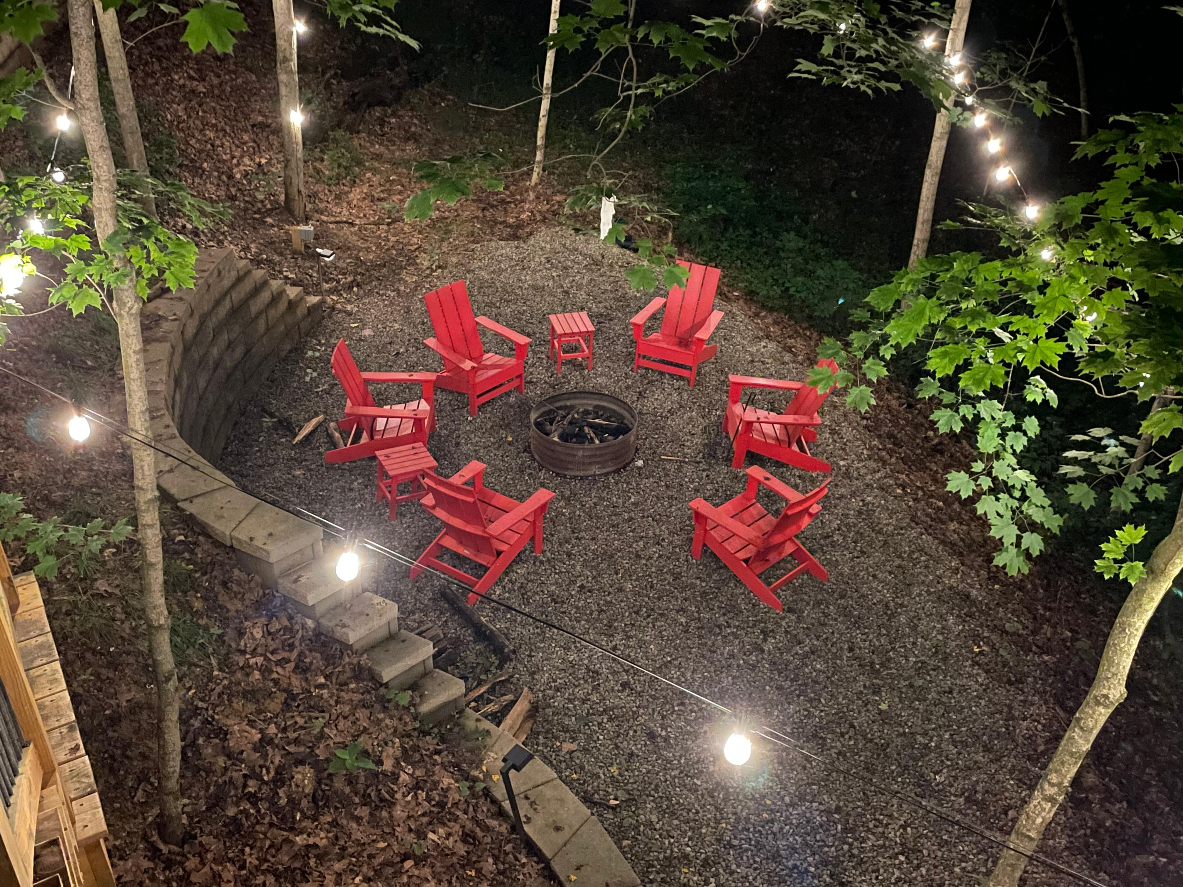 View of fire pit area from
second story deck
Outdoor lights automatically come on each night.