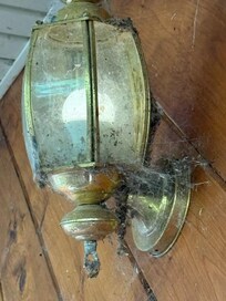 The light at the entrance is covered with spider webs, obviously not cleaned in years