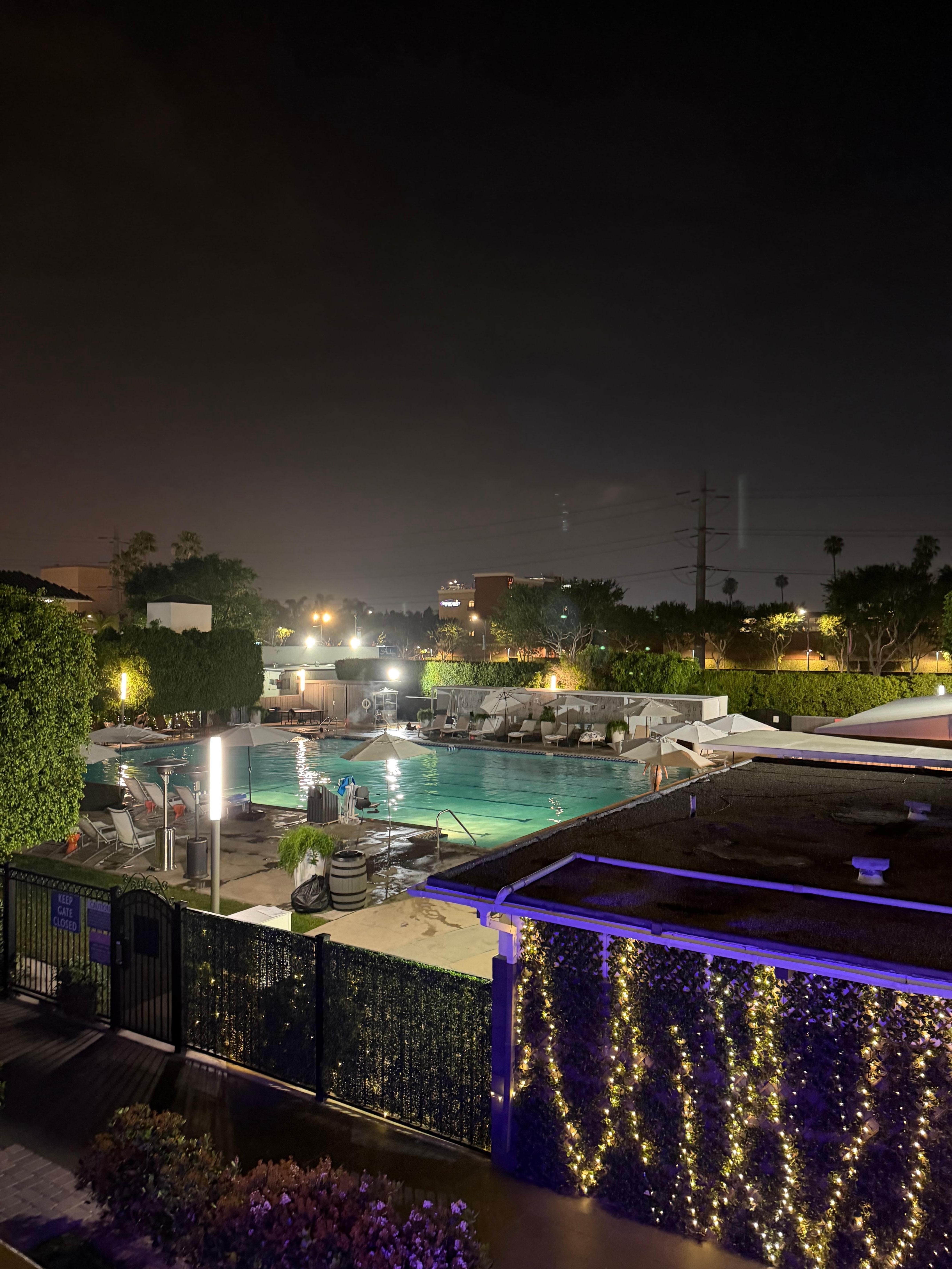 Nighttime view of the pool deck