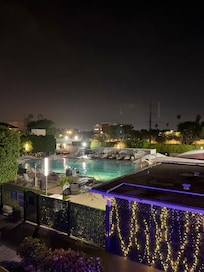 Nighttime view of the pool deck