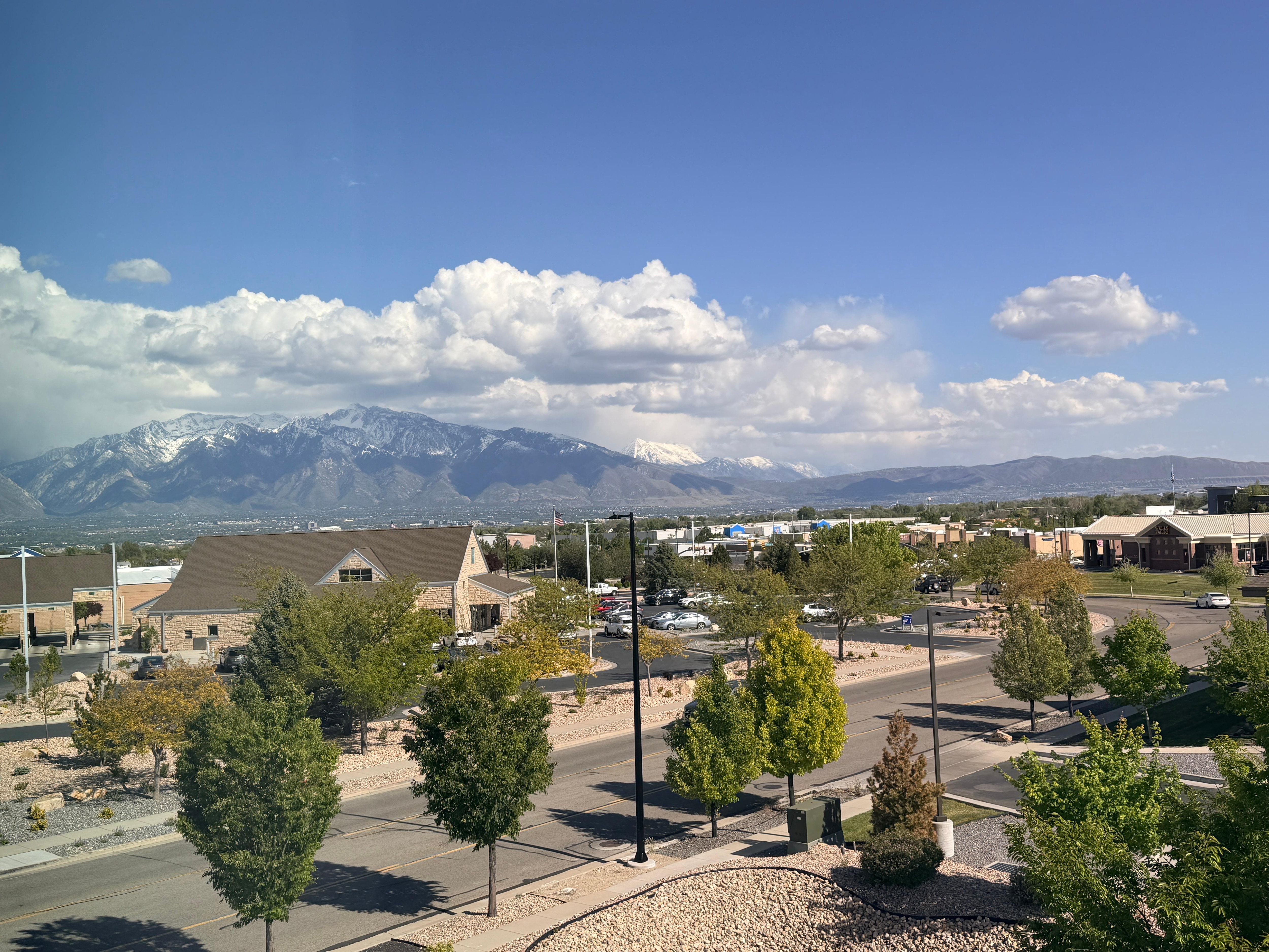 View from window to West Jordan Landing shopping center 