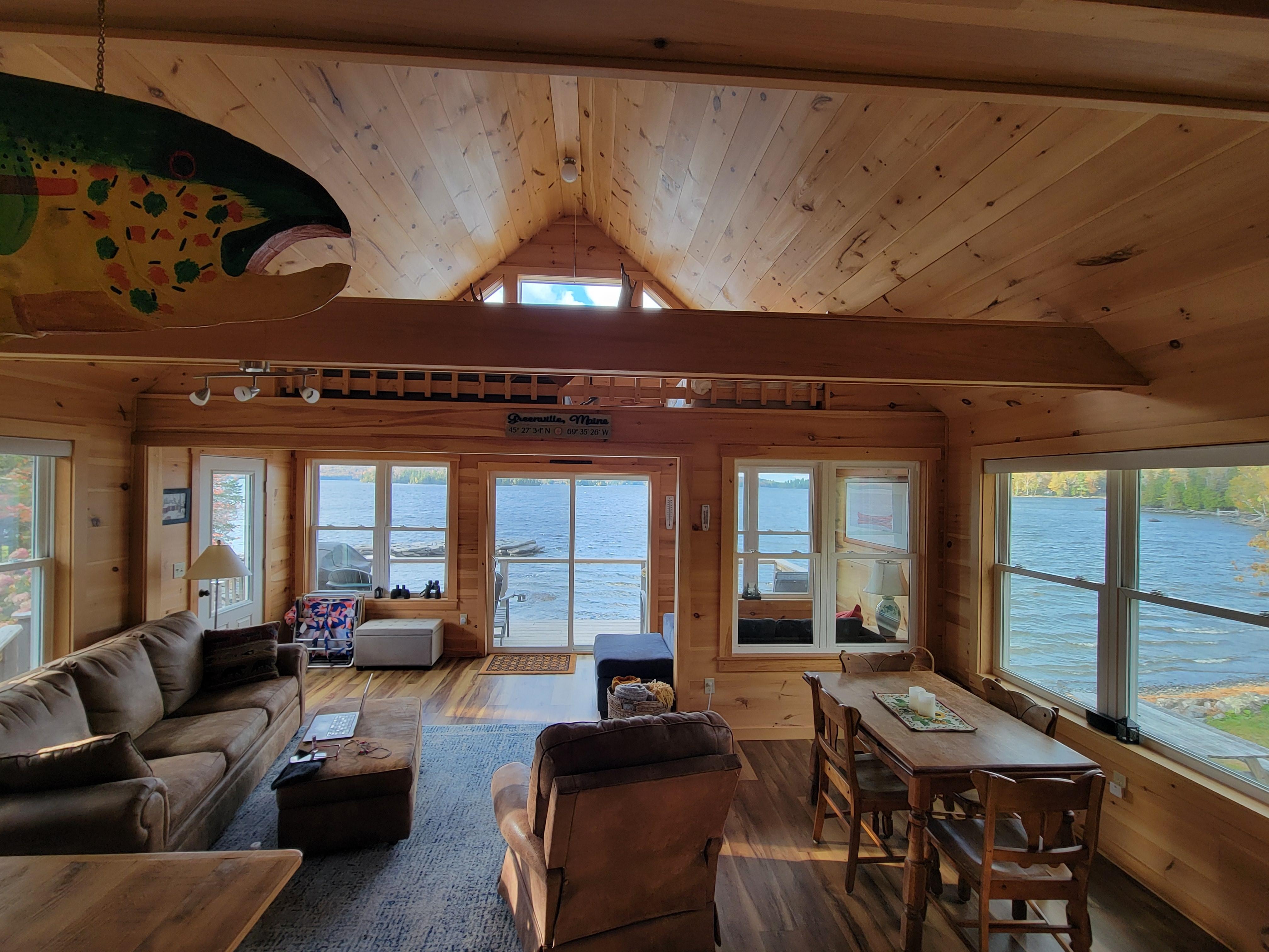 Wall of windows overlooking lake