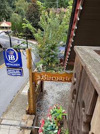 Looking down on the “Biergarten” below the balcony
