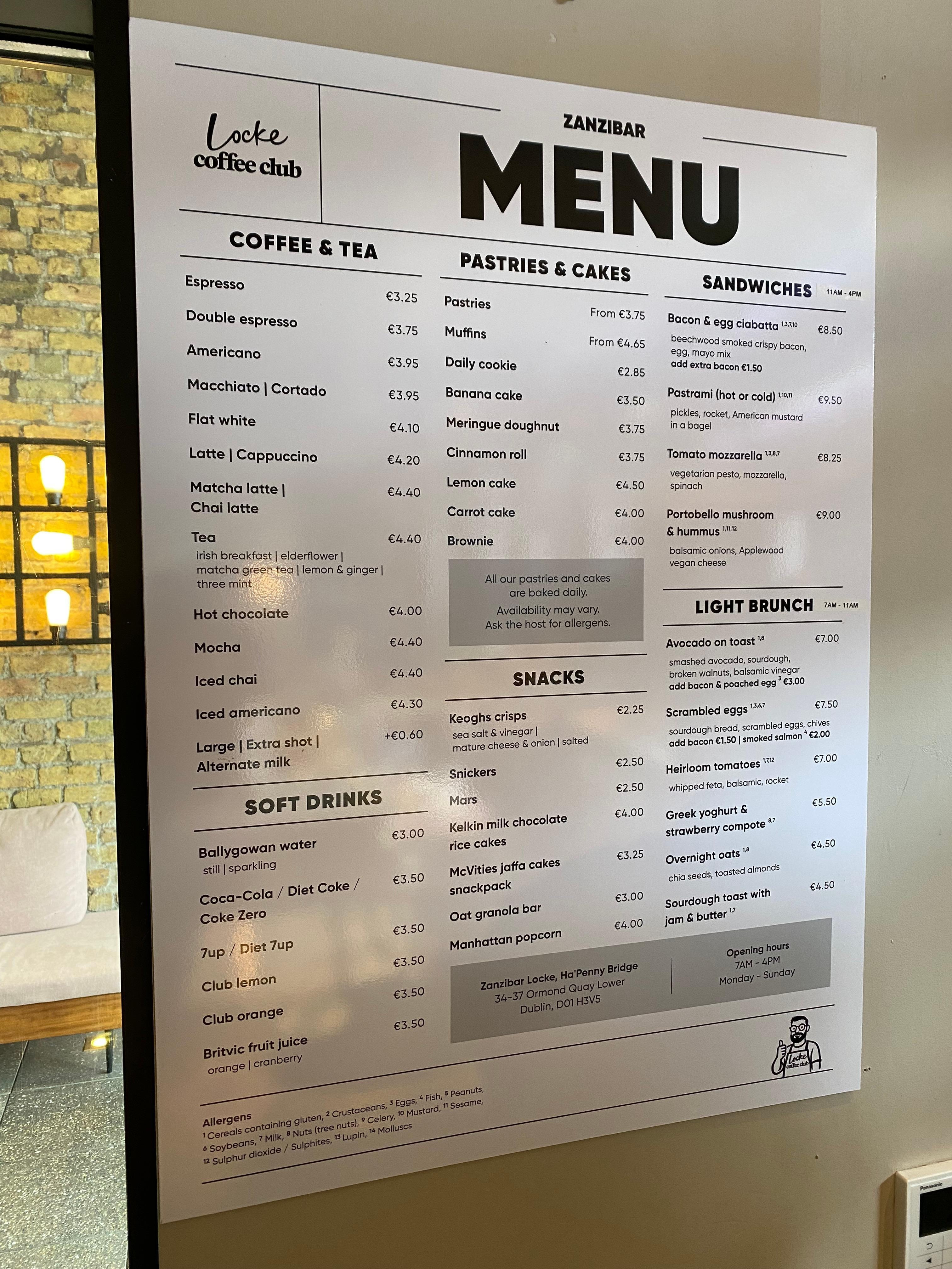 Menu at barista bar