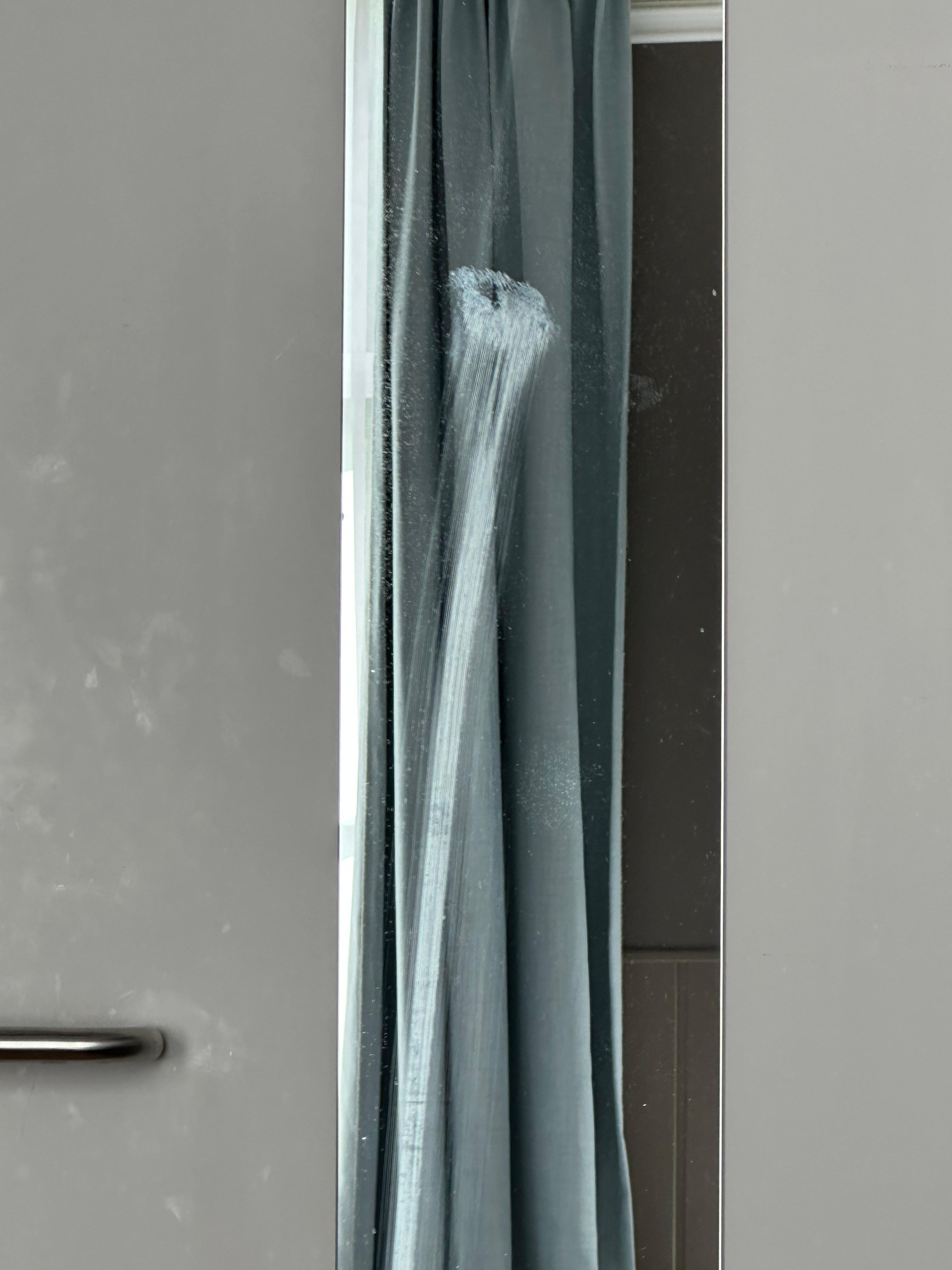 What appeared to be either lipstick or spit smeared down the door mirror.