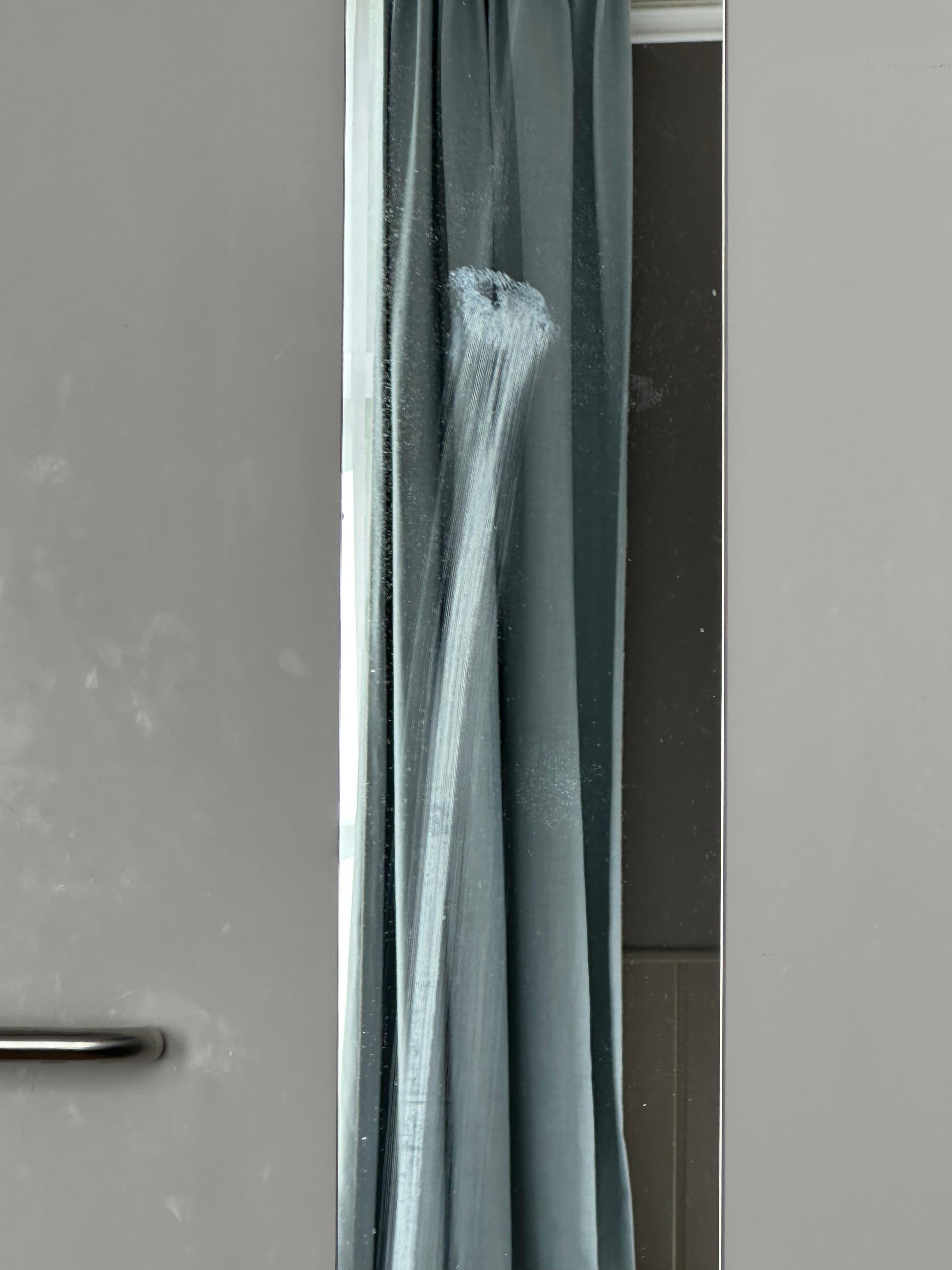 What appeared to be either lipstick or spit smeared down the door mirror.