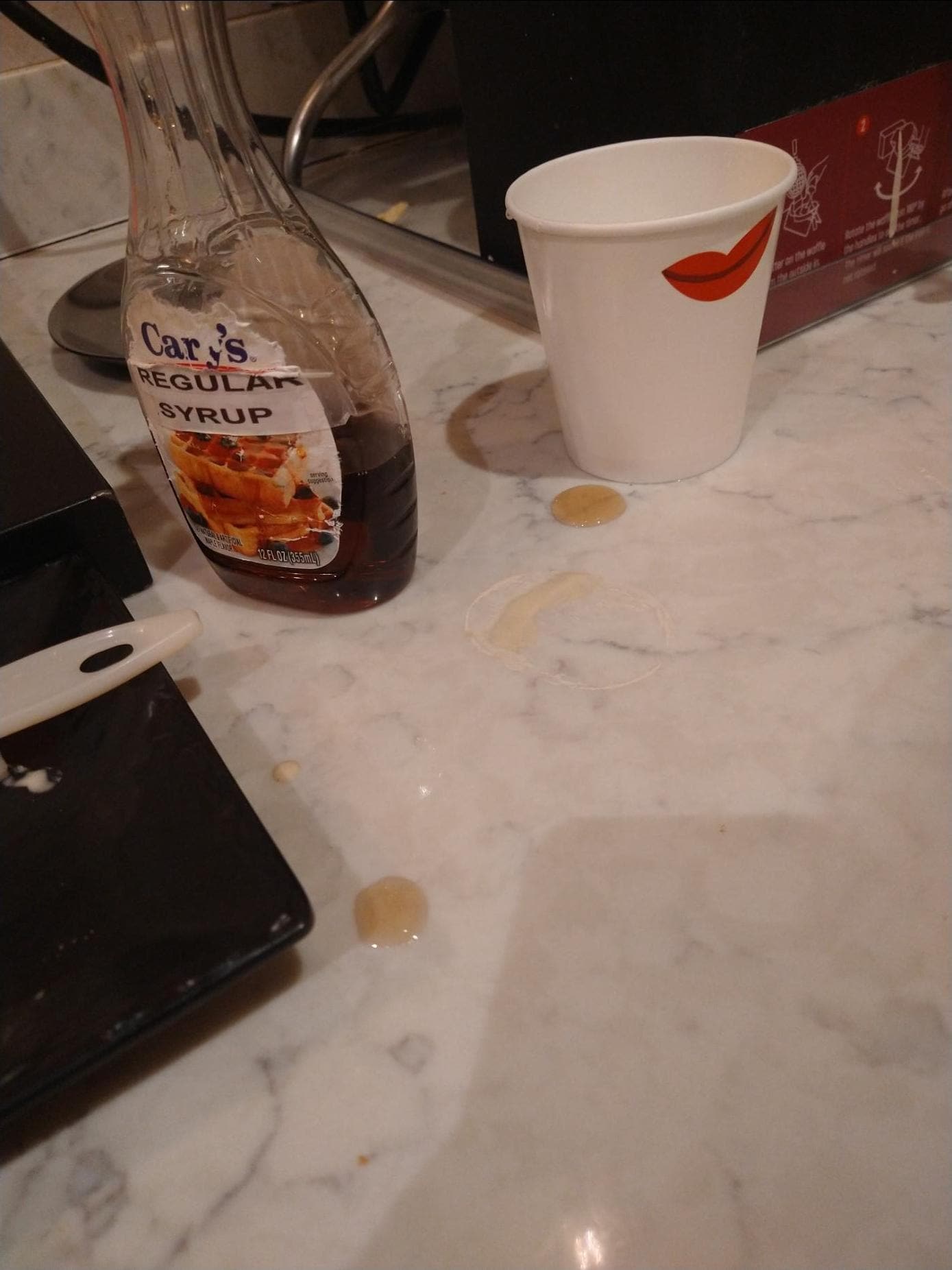 Dec 15 &16. This was just a small example of the counter messes. Toast crumbs, bagel seeds, egg droppings, shredded cheese, cereal all over counters, tables and floors.  The 17th & 18th, the gentleman was on the ball, keeping things clean and stocked