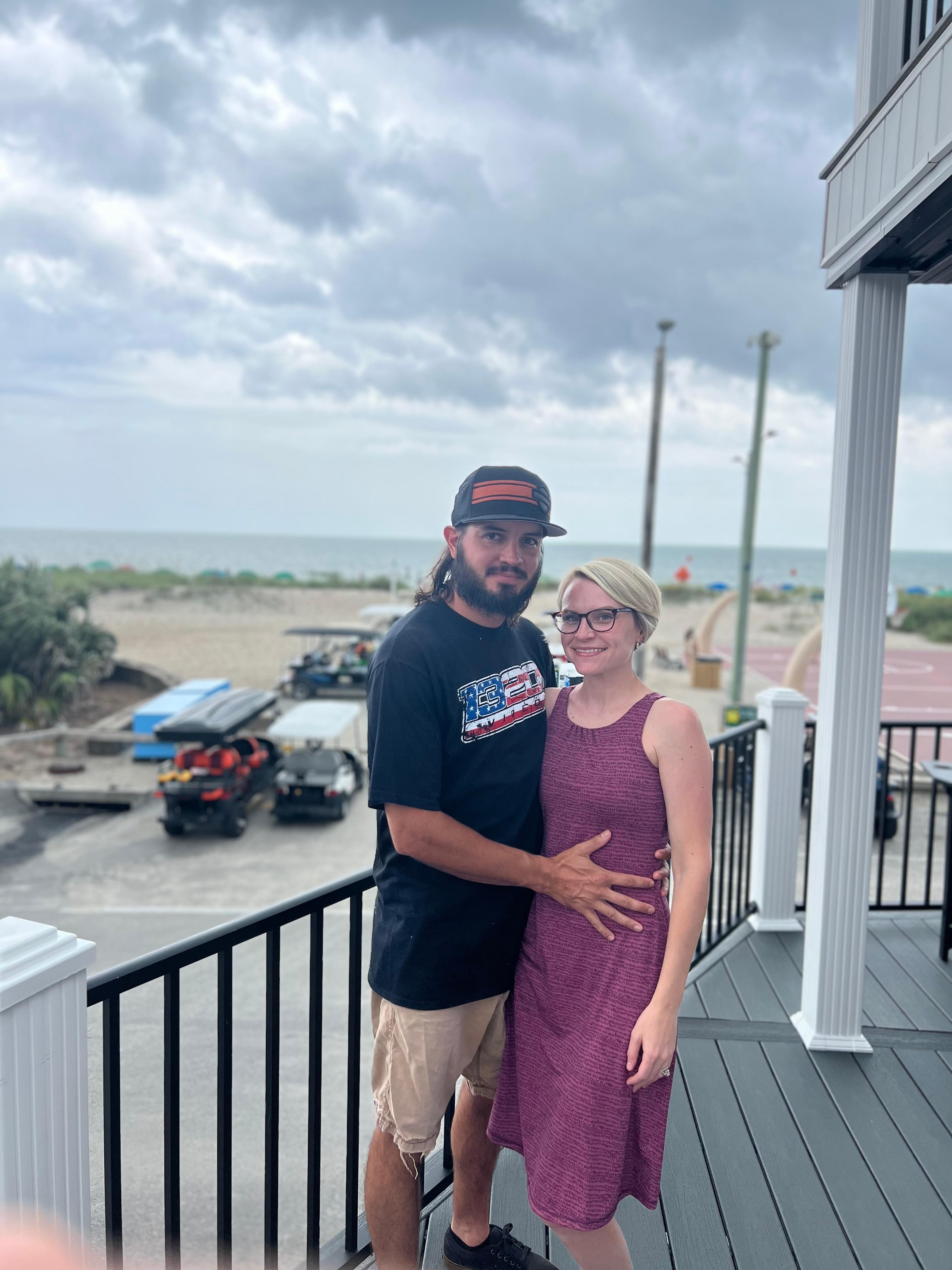 Wrap around porch, beautiful! Beach access is right behind us. You can walk right out the door to the beach. 