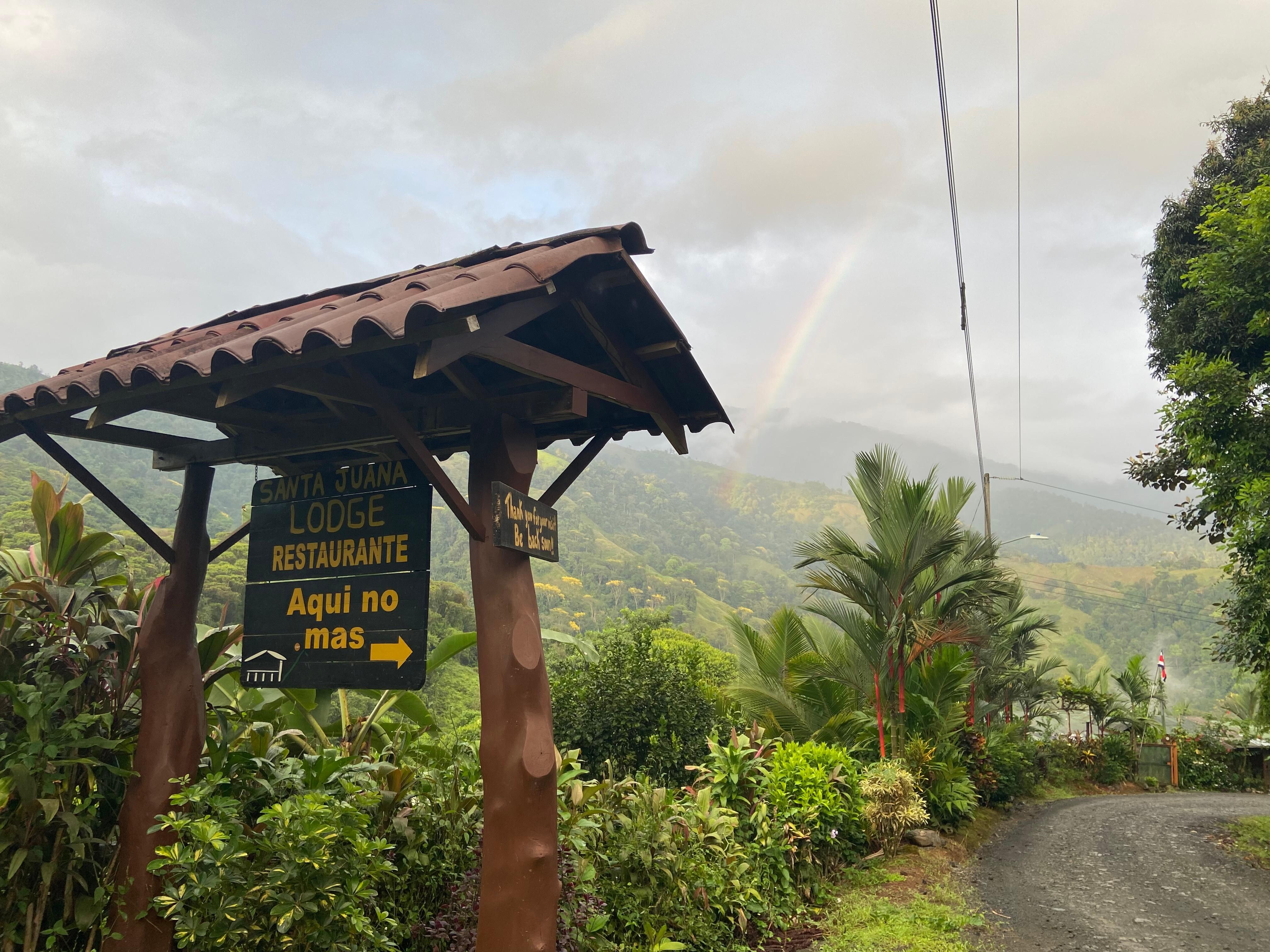 In front of the entrance to the lodge 