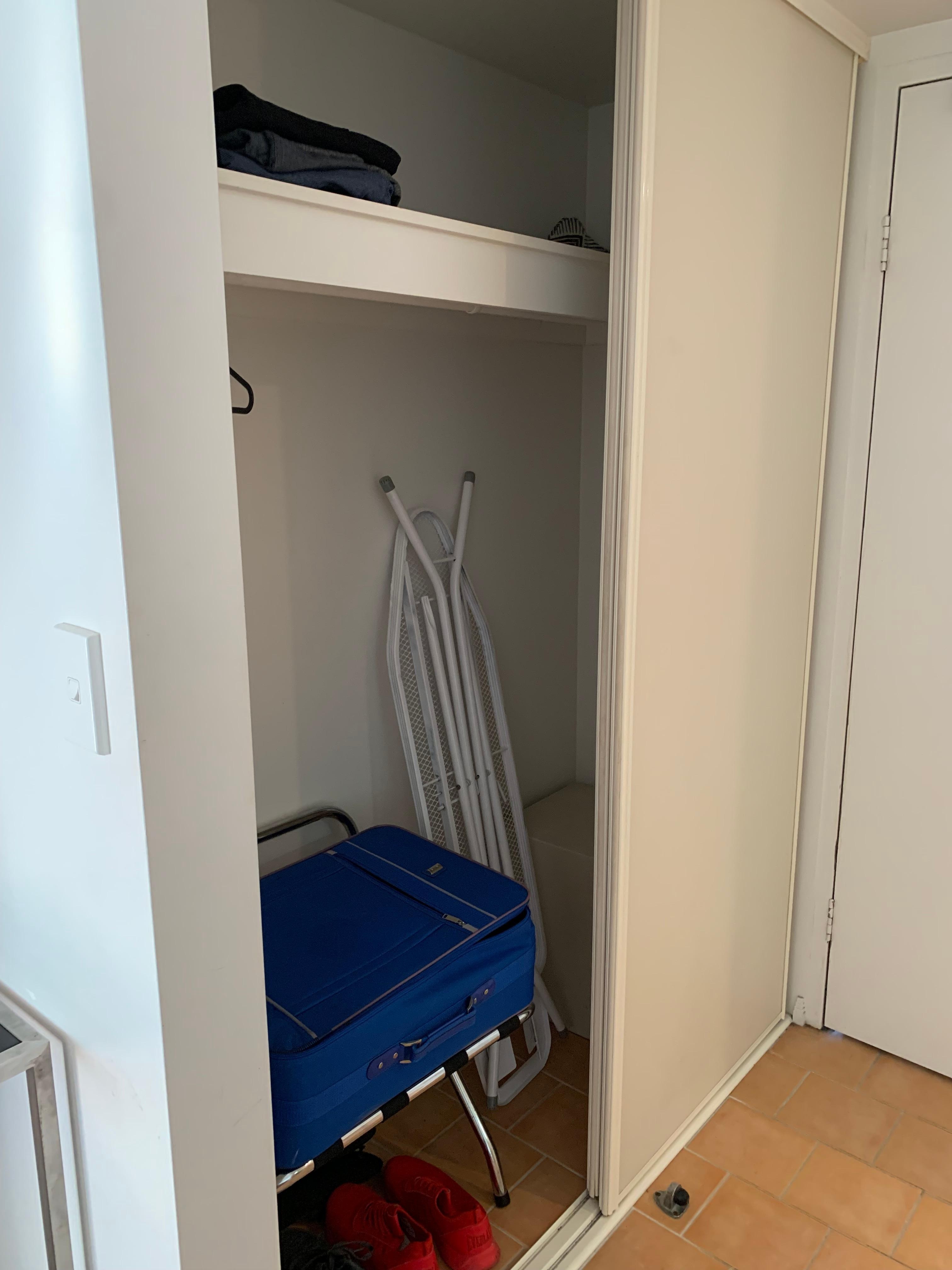 No shelves available in room and only 2 plastic coat hangers 