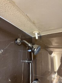 Random pipe coming from the ceiling leaking water and the shower faucet pipe cap was exposing the wall behind it