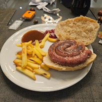 Bratwurst and pomms from the Covenda across the street