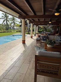 The beautiful outdoor patio at Villa Anaima, with the Gazebo in the distance.