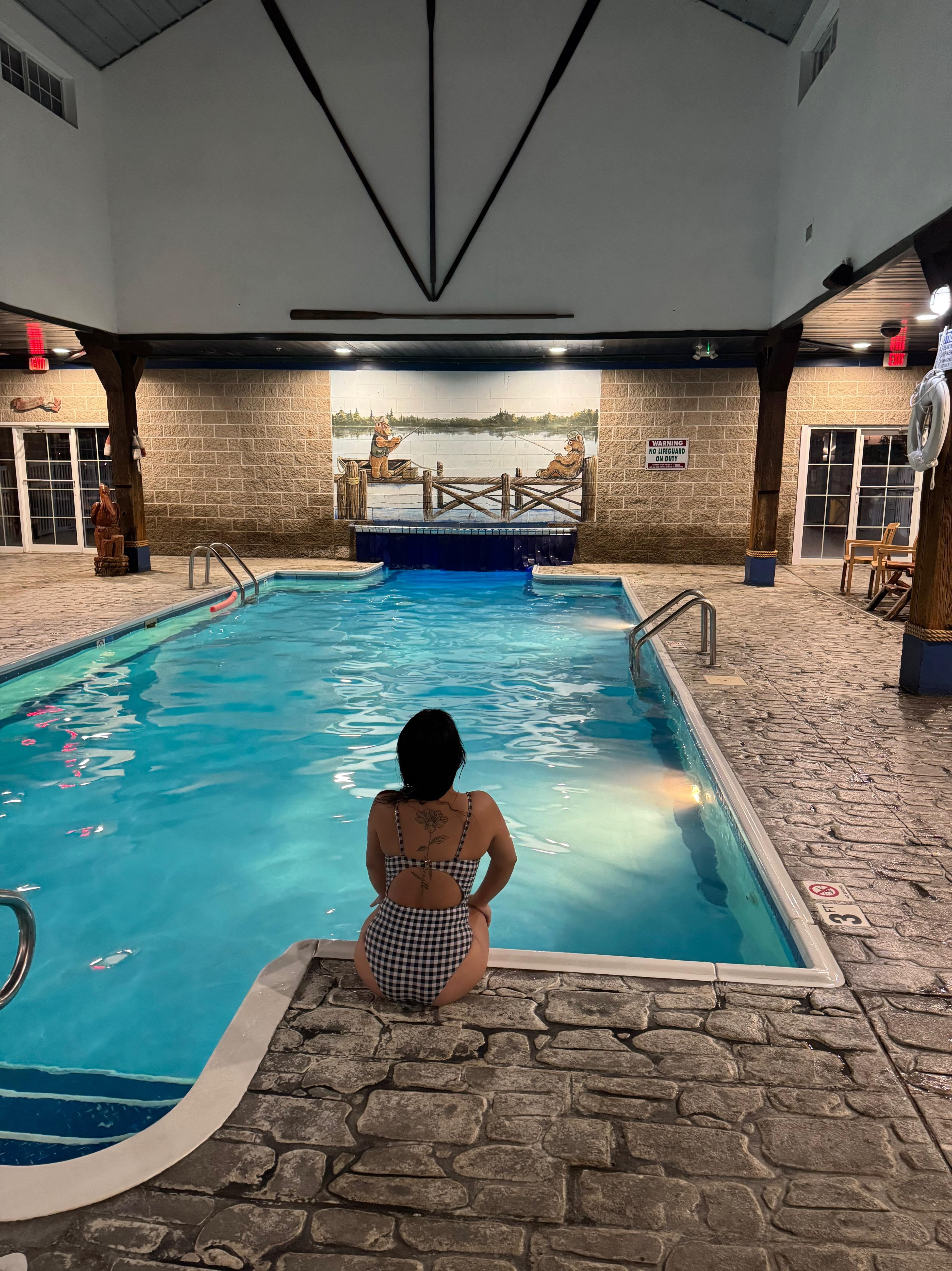 their pool was heated very nice. pool connects to outside pool, you can swim under the rubber curtain goes to outdoor pool. very cool.