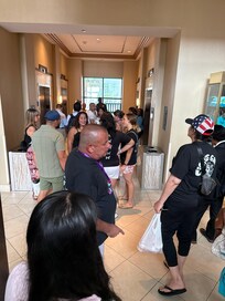 Constant line to get in the elevator to go upstairs.