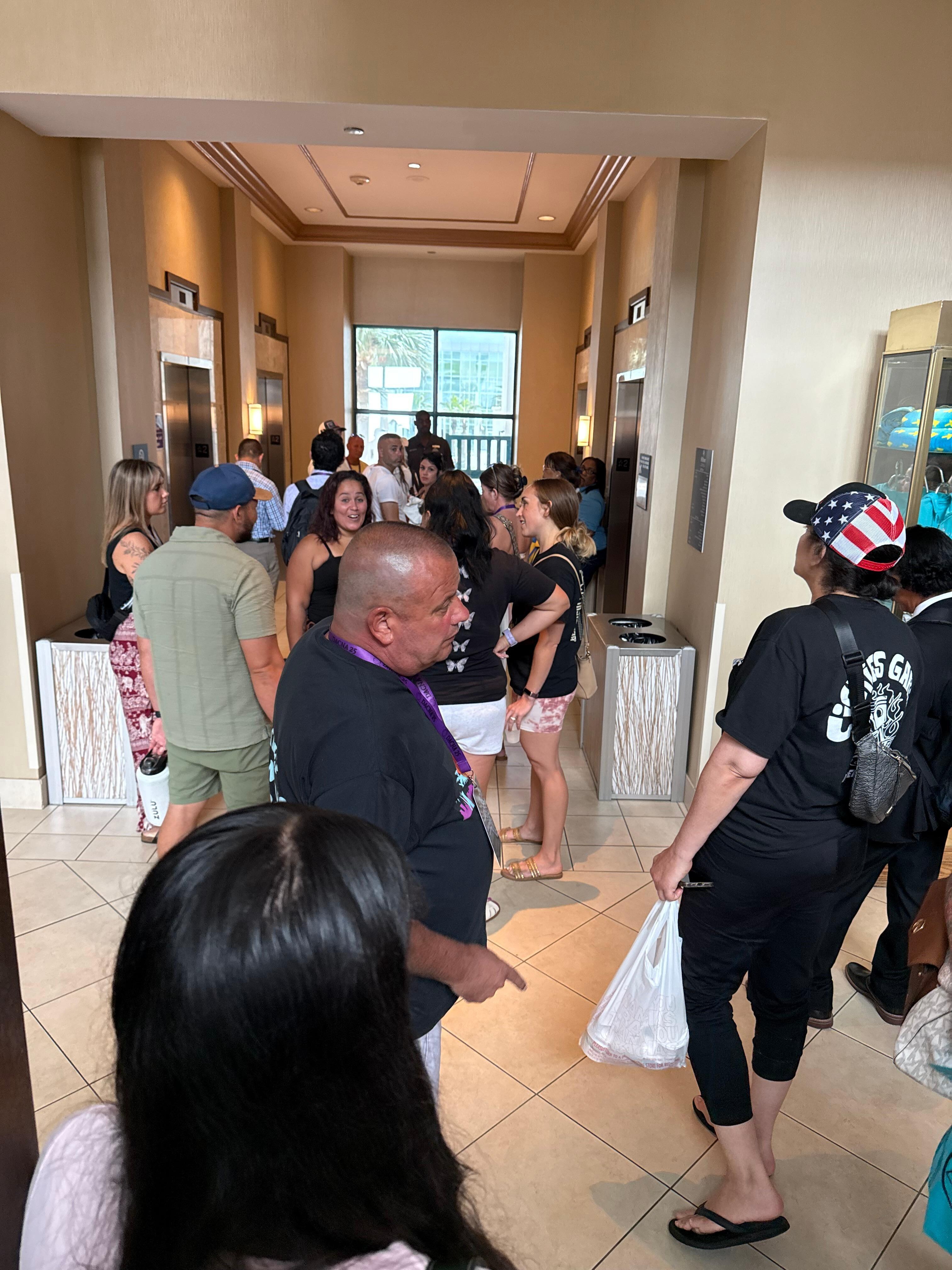 Constant line to get in the elevator to go upstairs. 