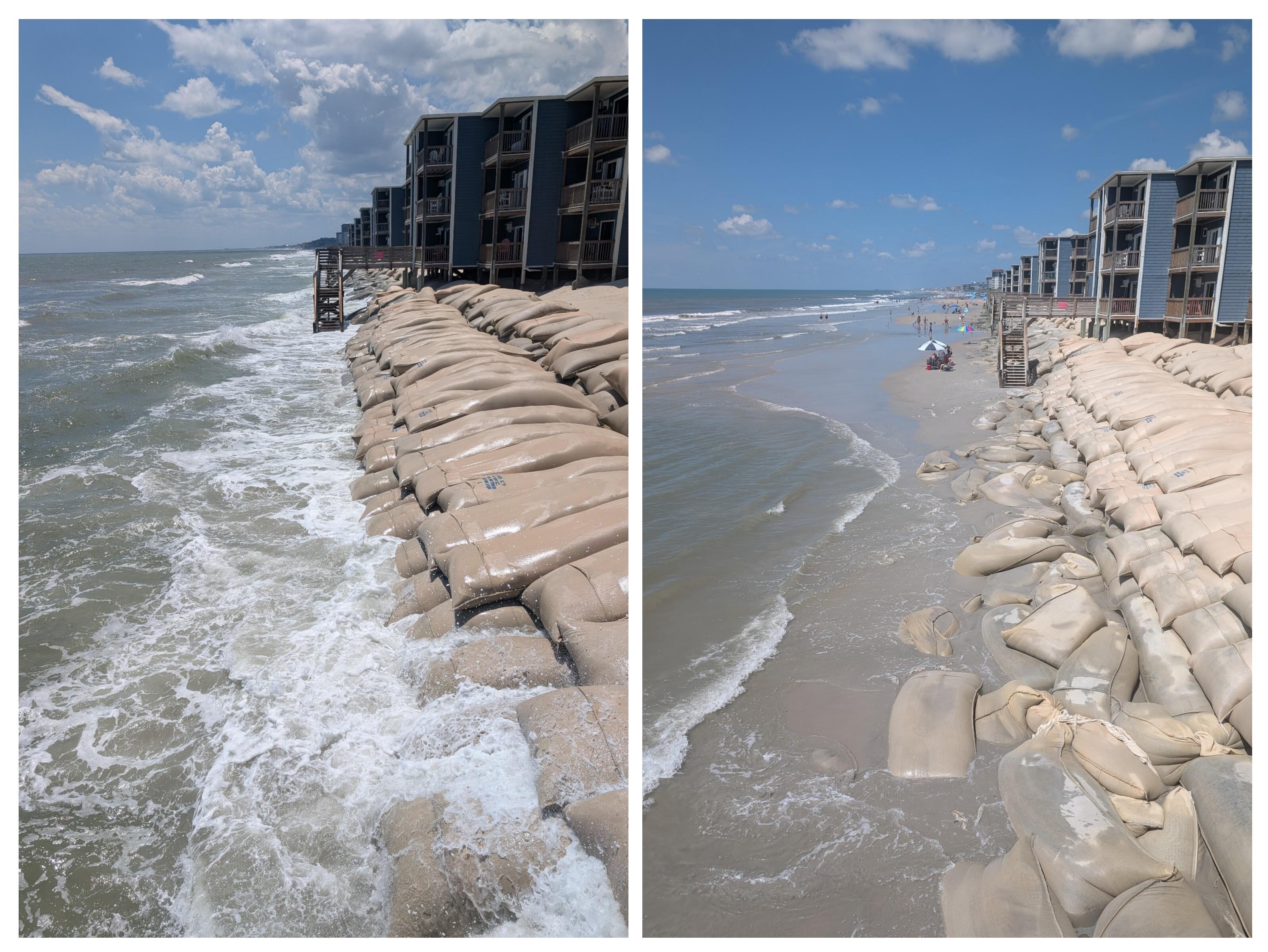 Looking west down the beach. Difference between high and low tide.