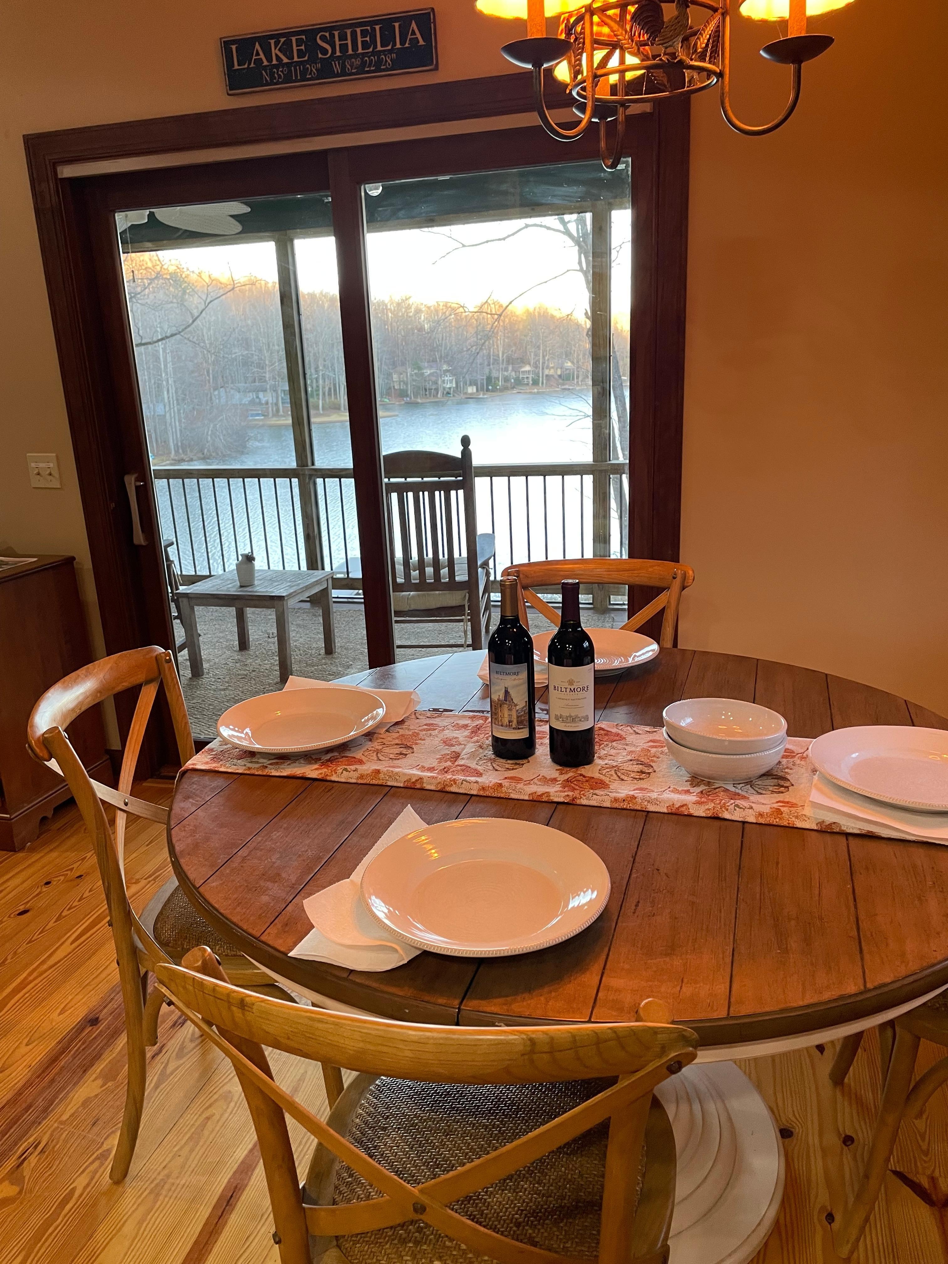 Kitchen table and lake view during dinner. 