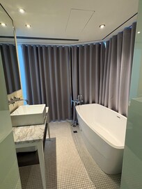 Bathtub and sink. Bathroom windows are all frosted.