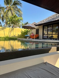 View of our private pool from the covered sofa area.