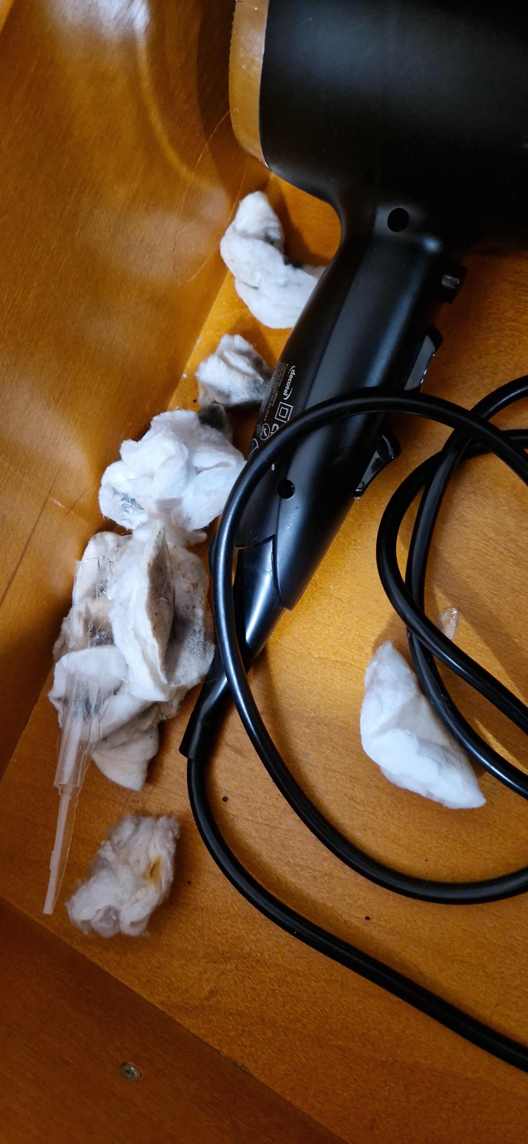 Used cotton wool left in the drawer.