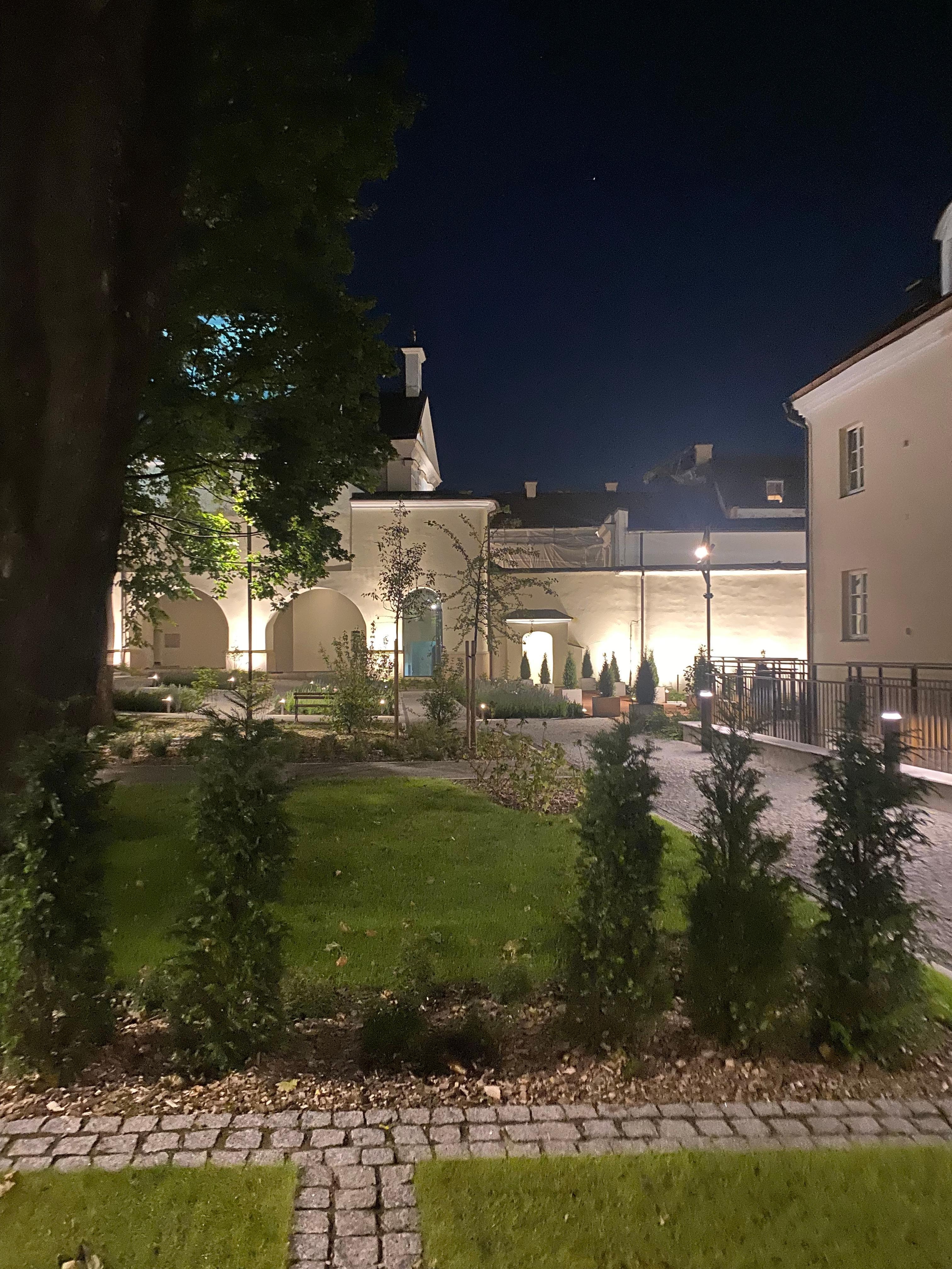 The courtyard at night. 