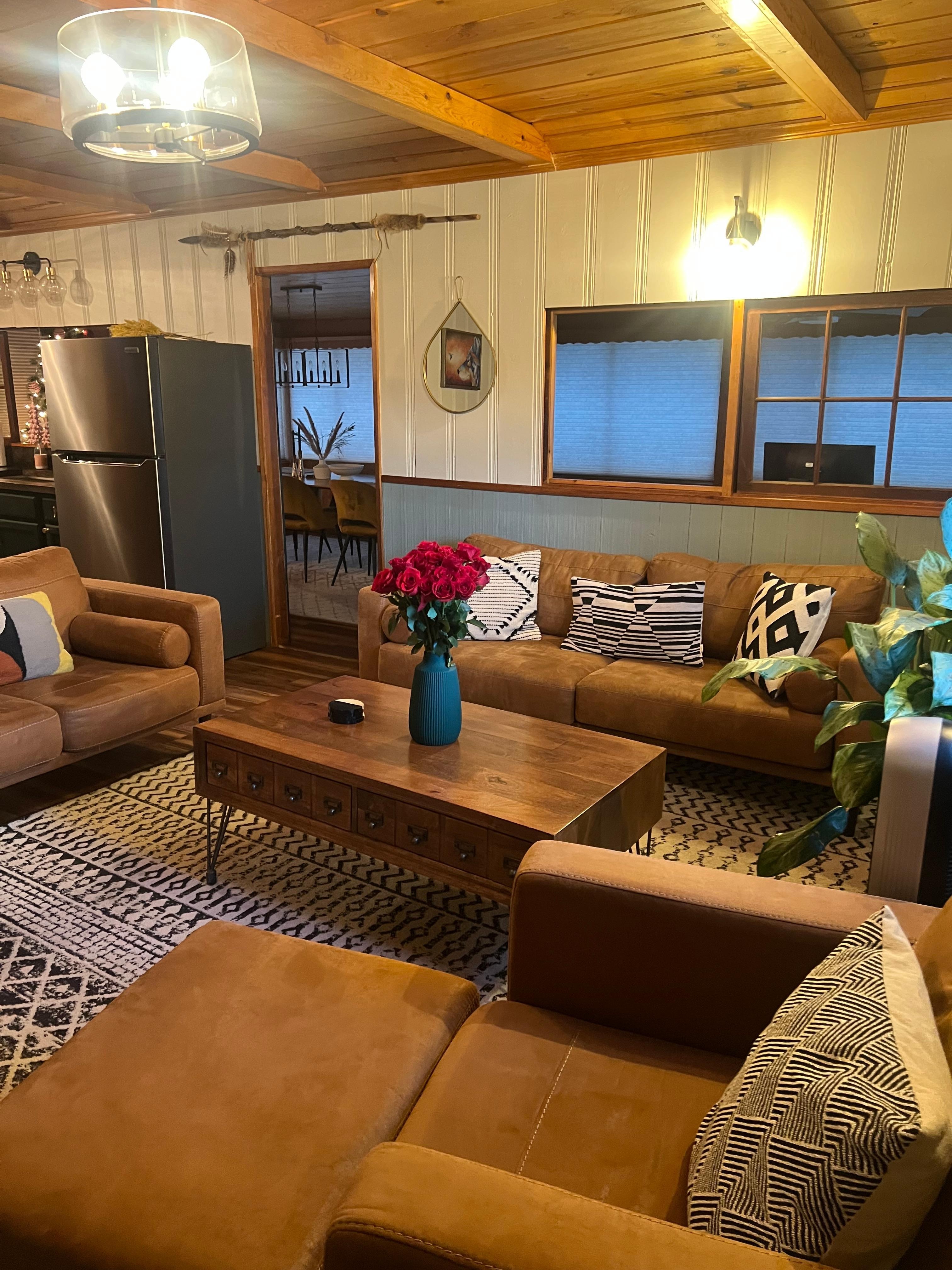 Gorgeous decor in the living room with   Incredibly comfortable couches.
