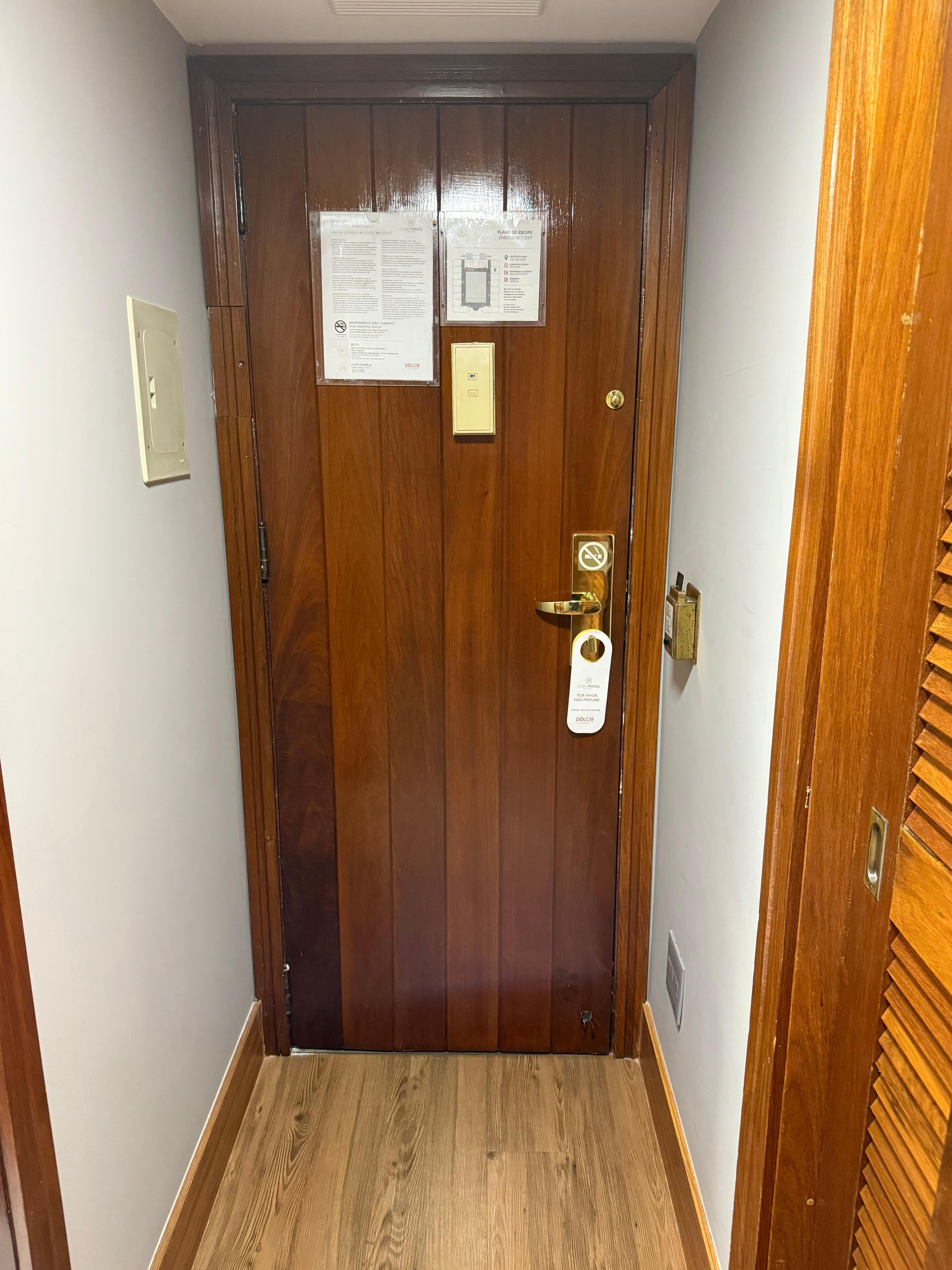 Grimy door with old and dirty hardware, exposed screws, door lock was not working. 