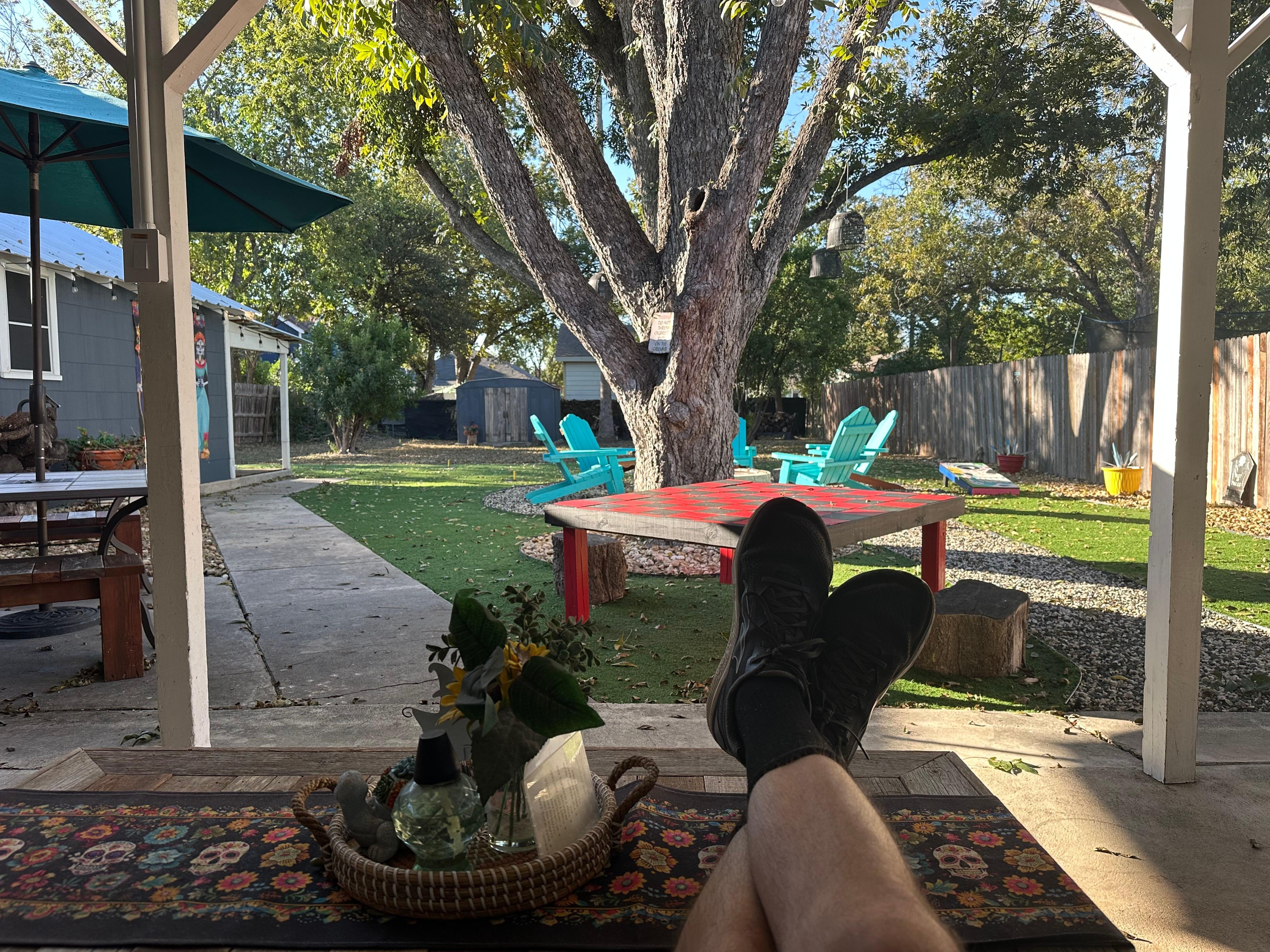 Relaxing on the back patio enjoying a cool brisk October Sunday morning. 