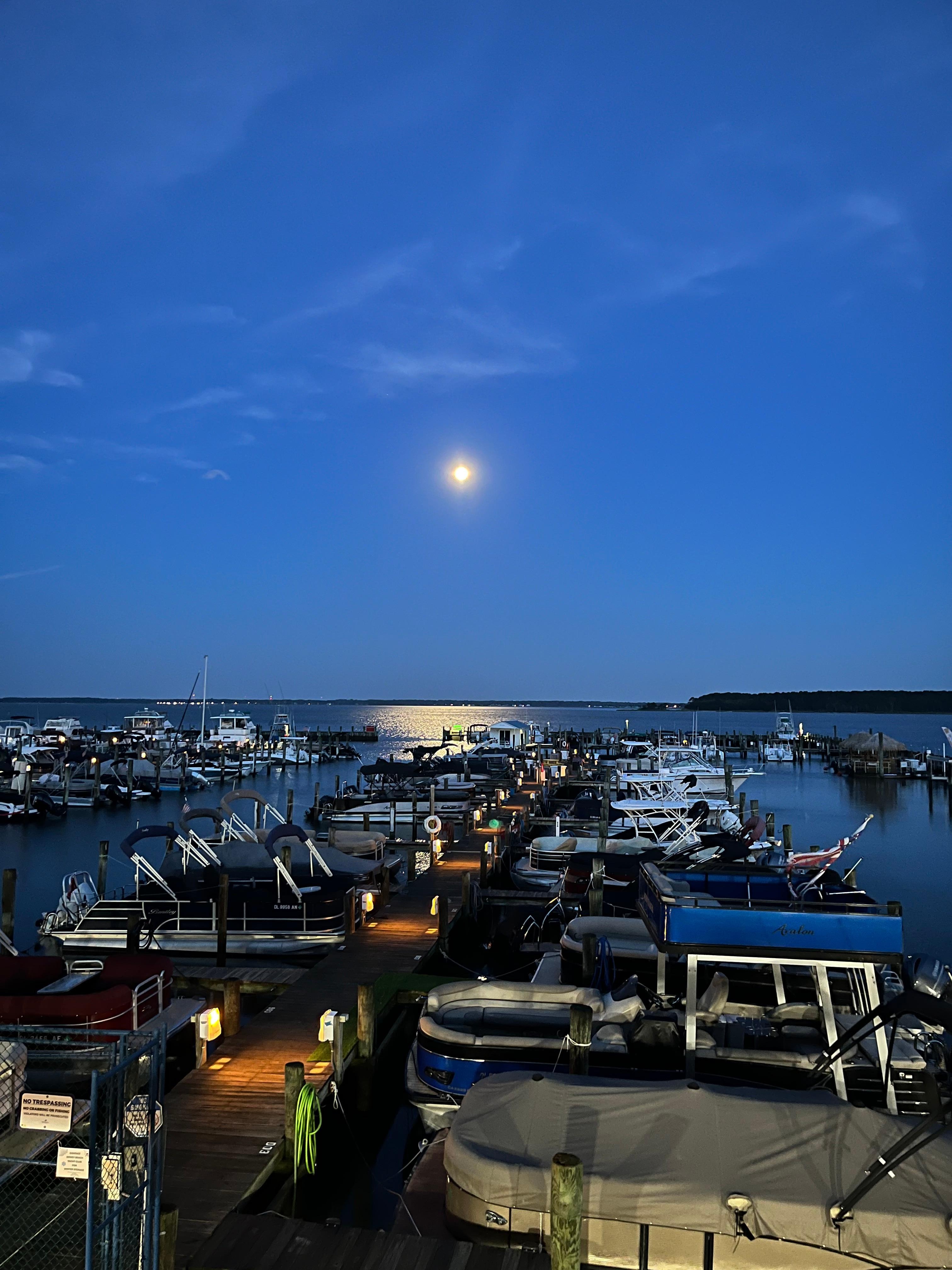 Early morning full moon setting on the bay