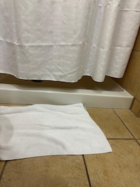 Short shower curtain meant water on the floor