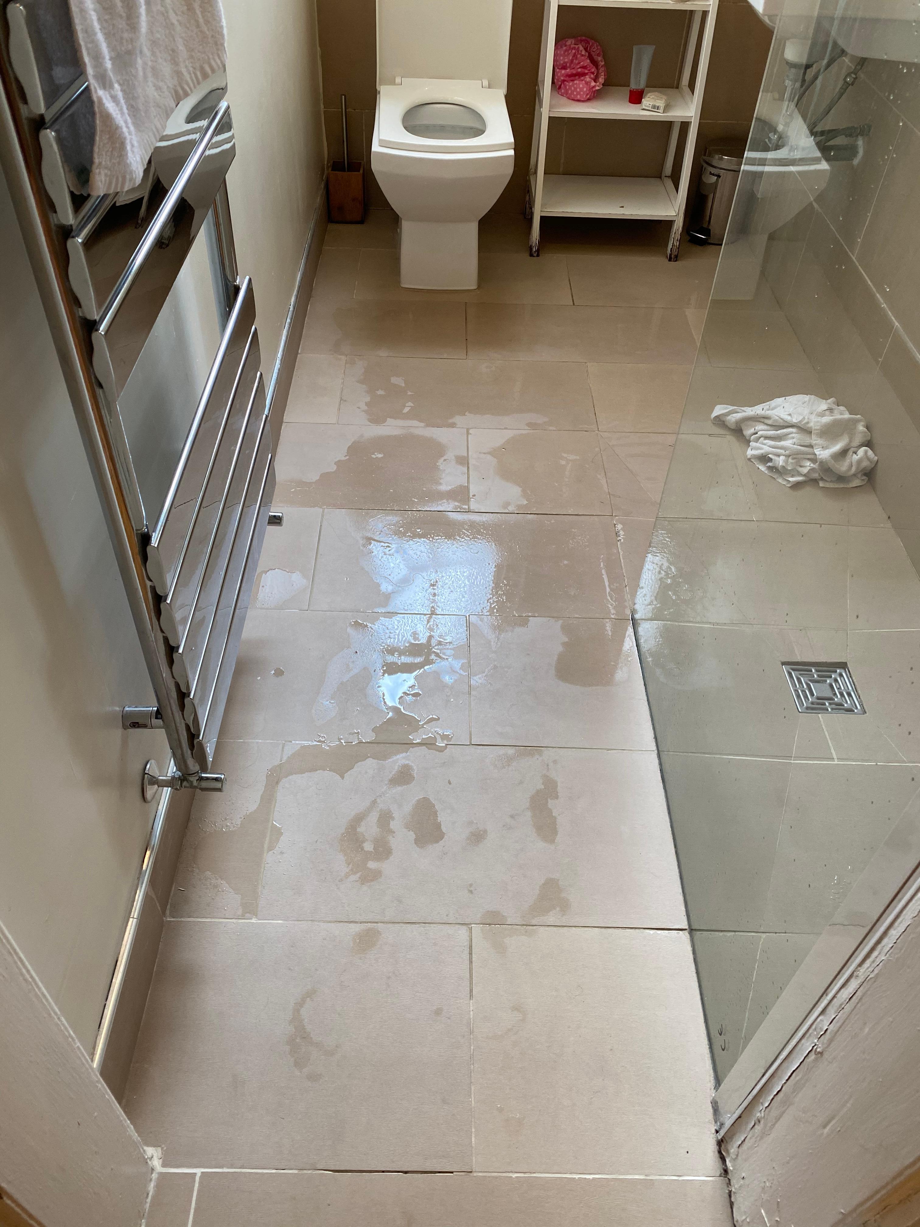 Bathroom floor the morning after a shower shower the evening before. 