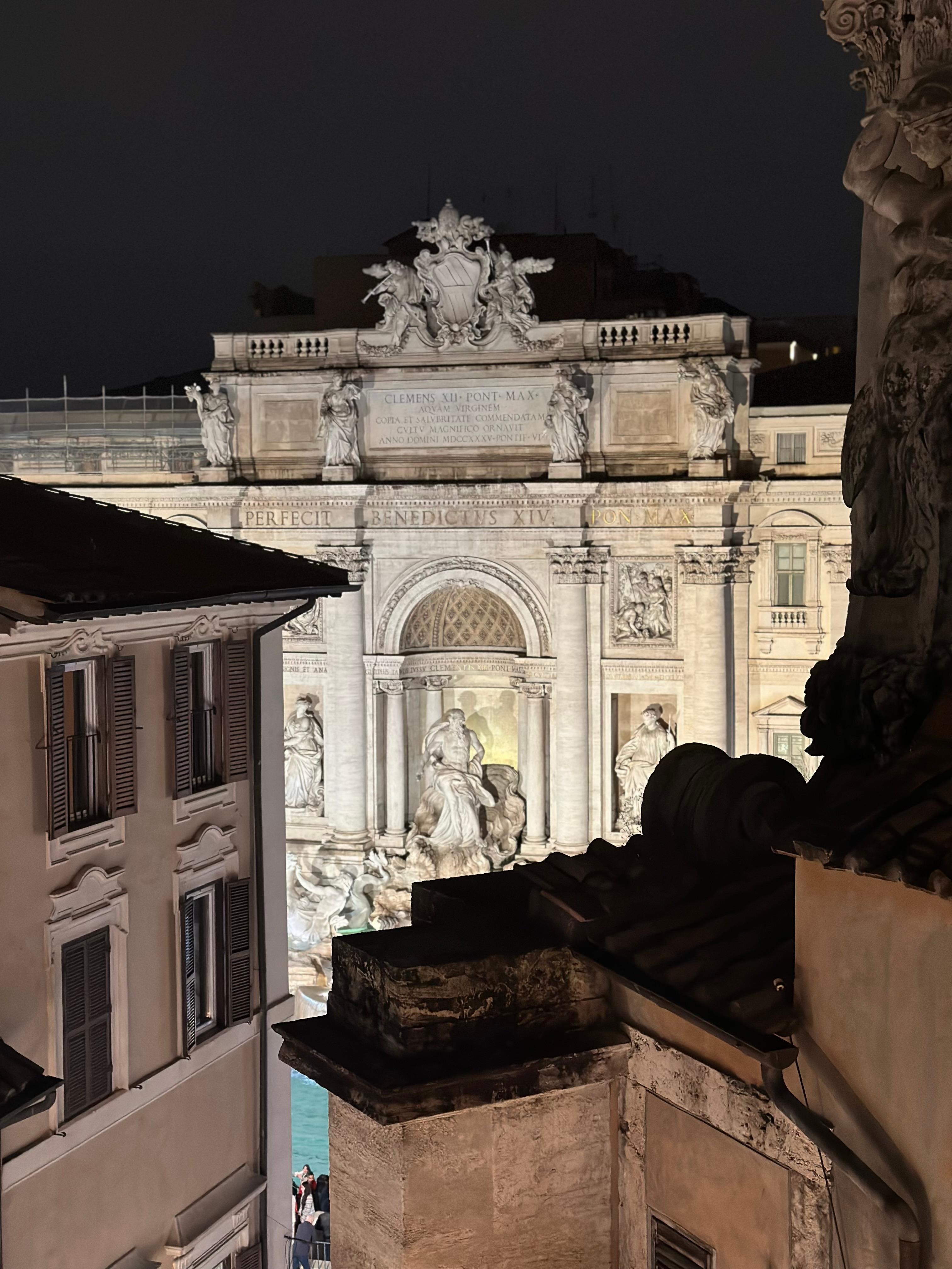 From hotel terrace, private view of Trevi Fountain. 