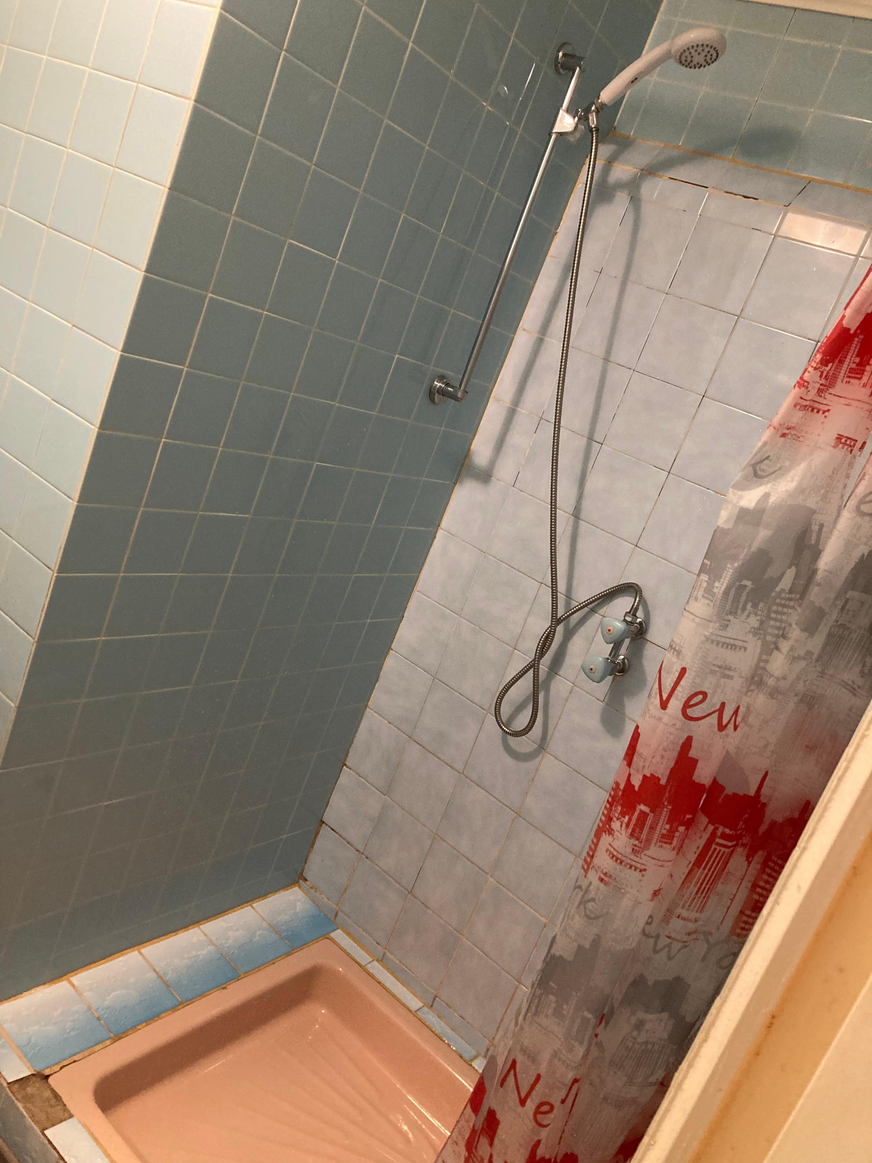 Pas de mitigeur, carreaux manquants et trous dans le plafond