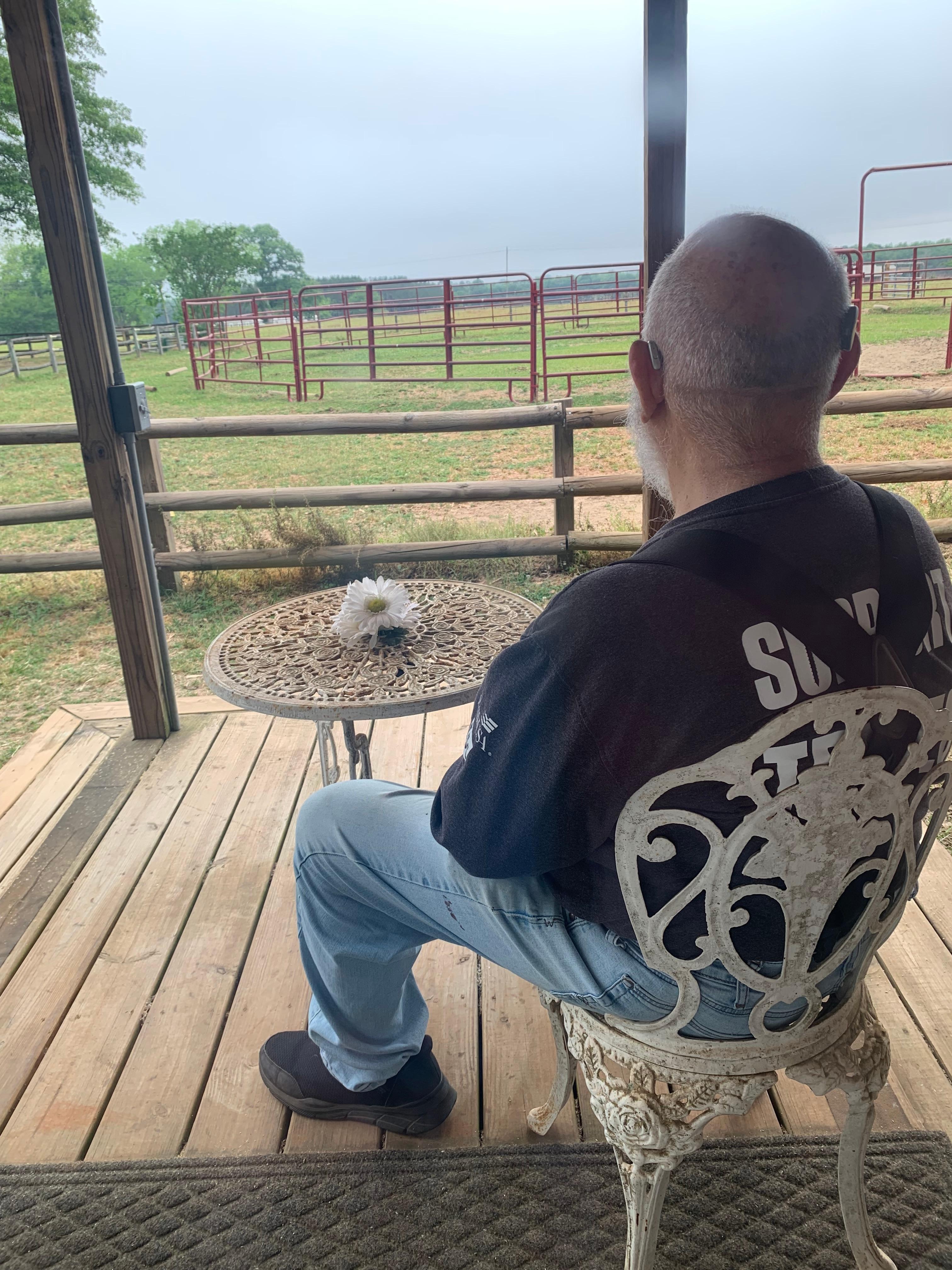 Watching horses from porch.