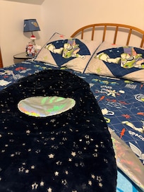 My son loved his room, too! Lots of fun toys on the shelves, his favorite were the old school handled arcade games.