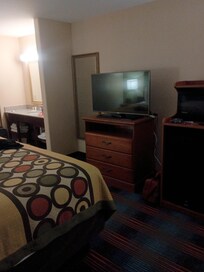 There's also a desk in the corner with an office chair if you were traveling for work or need some place to work on a computer.