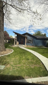 Manicured front and side yards with tree swing