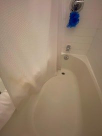 Dirty shower curtain and tub