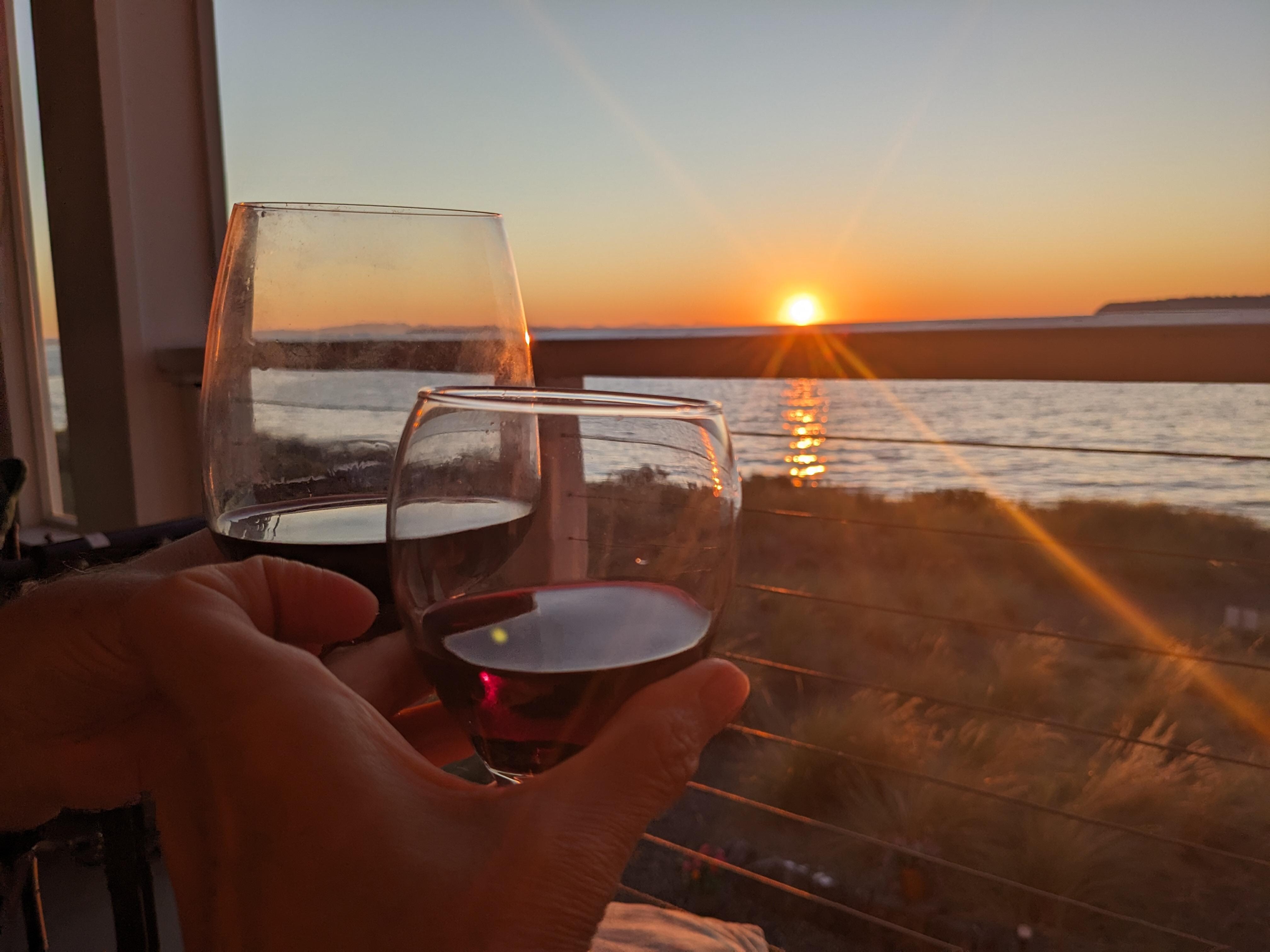 Toasting a beautiful sunset from the comfy back deck