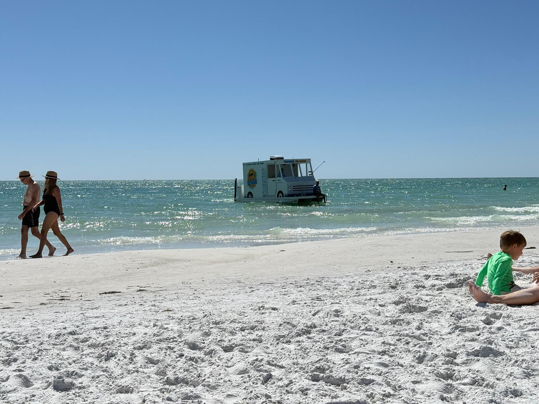 Siesta Key beach access 7 with ice cream truck / pontoon boat