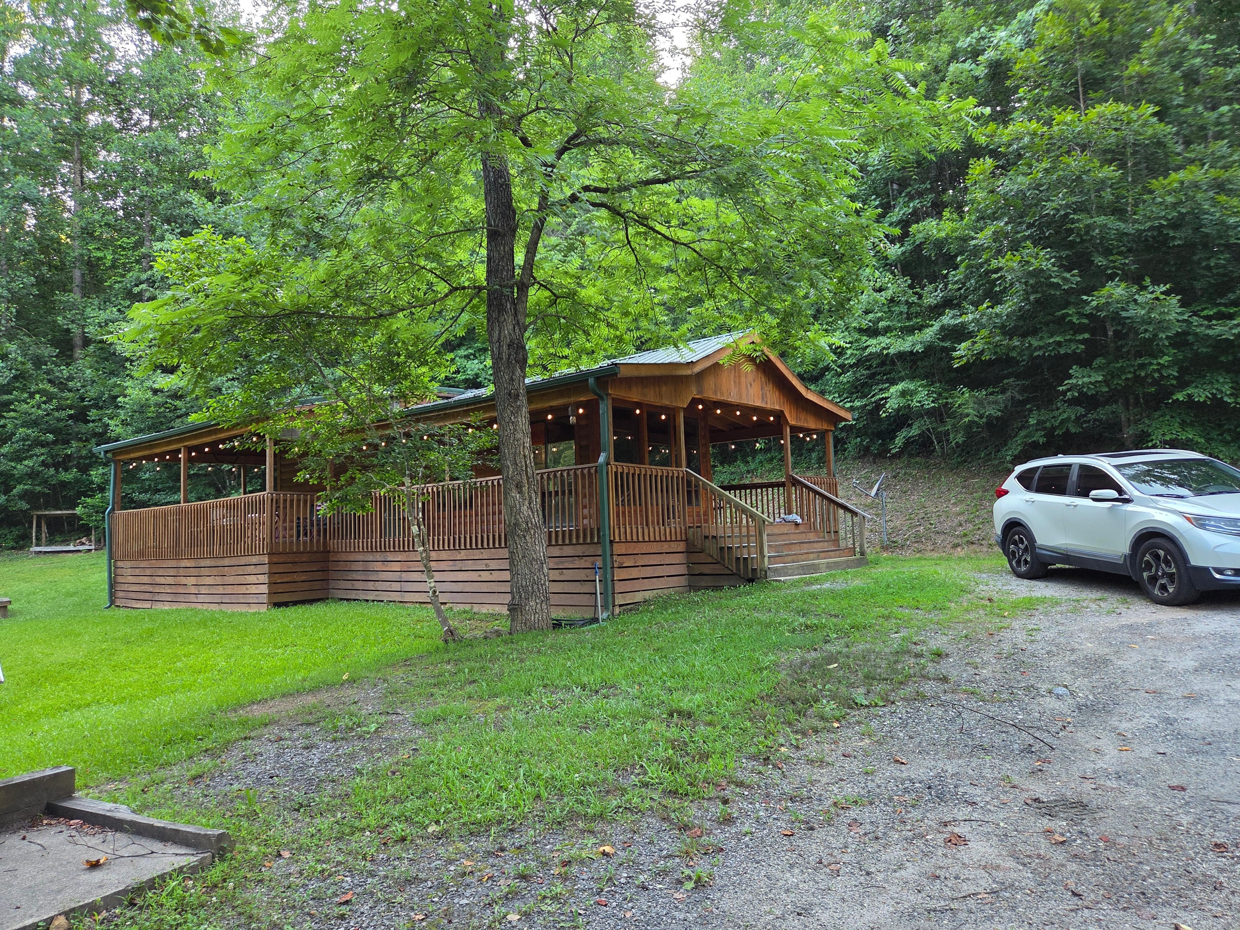 A view of the cabin from the wooden bridge.